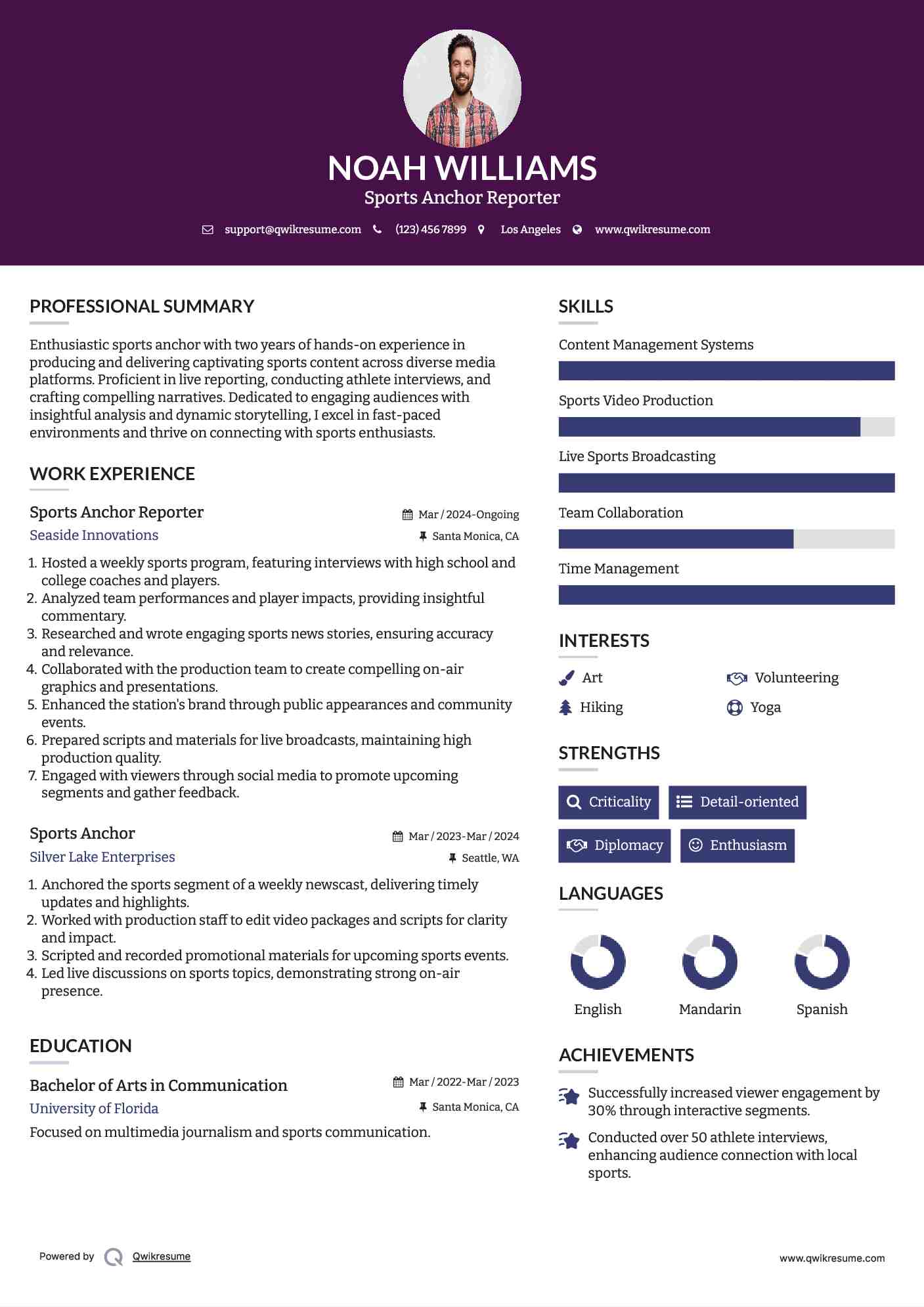 Sports Anchor Reporter
 Resume Model