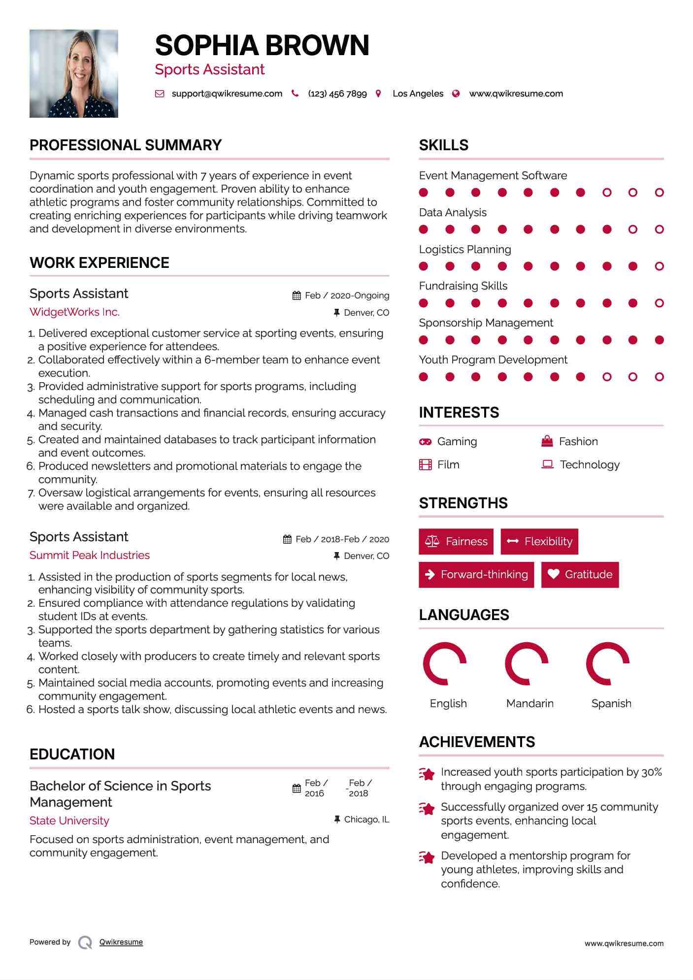 Sports Assistant Resume Model