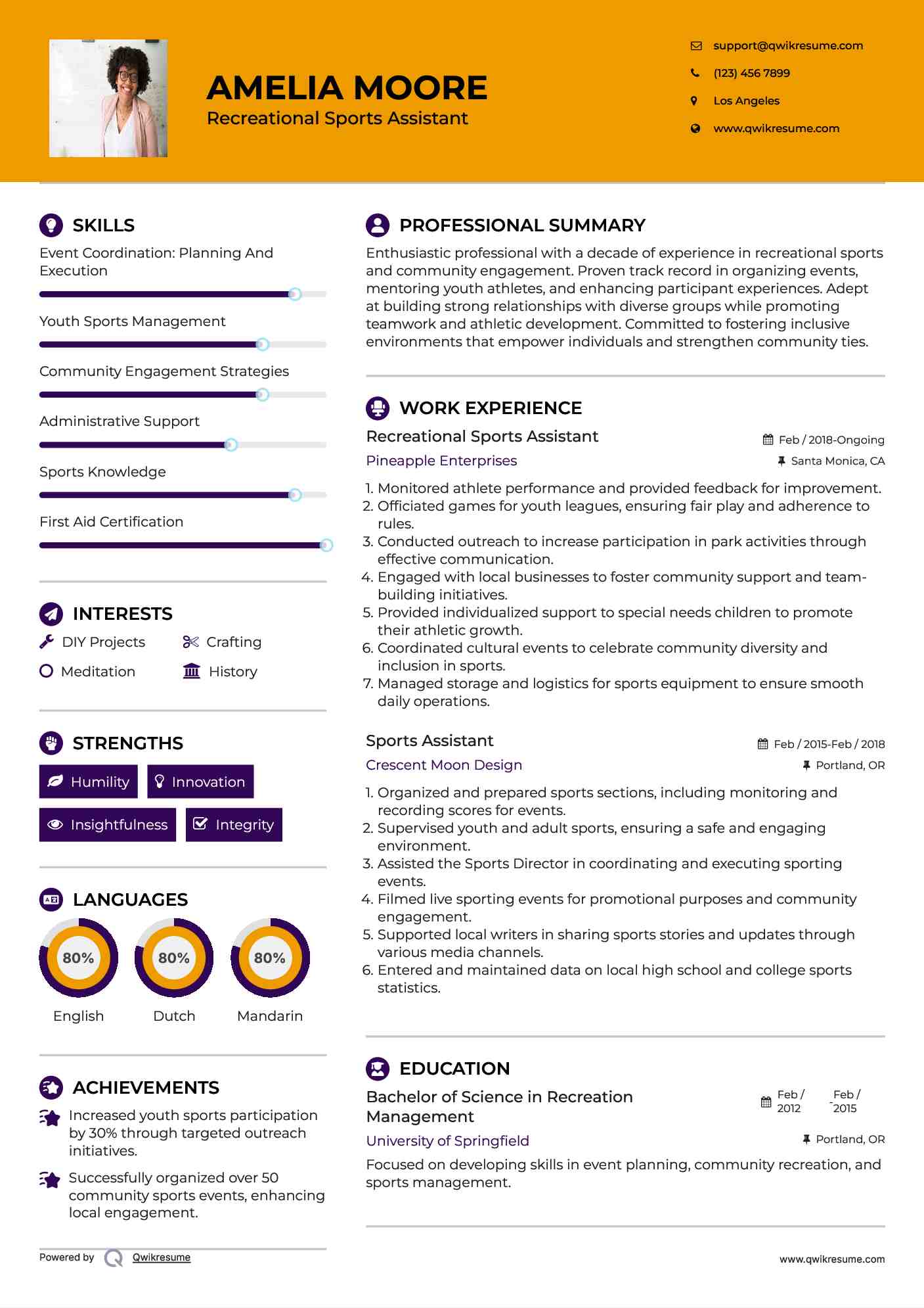 Recreational Sports Assistant
 Resume Sample