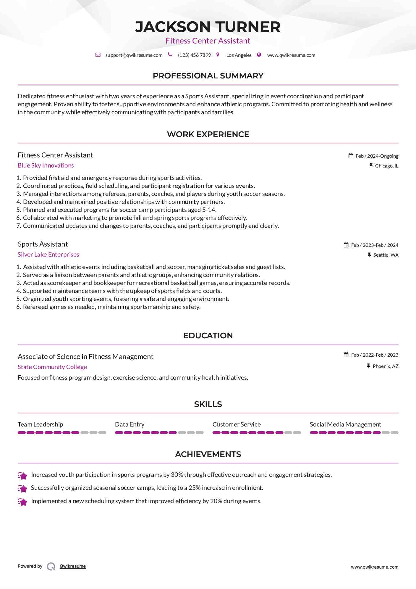 Sports Assistant Resume Samples QwikResume