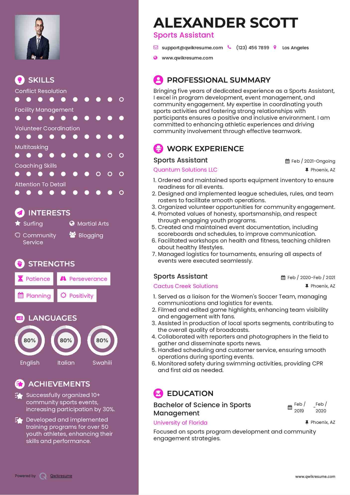 Sports Assistant Resume Sample