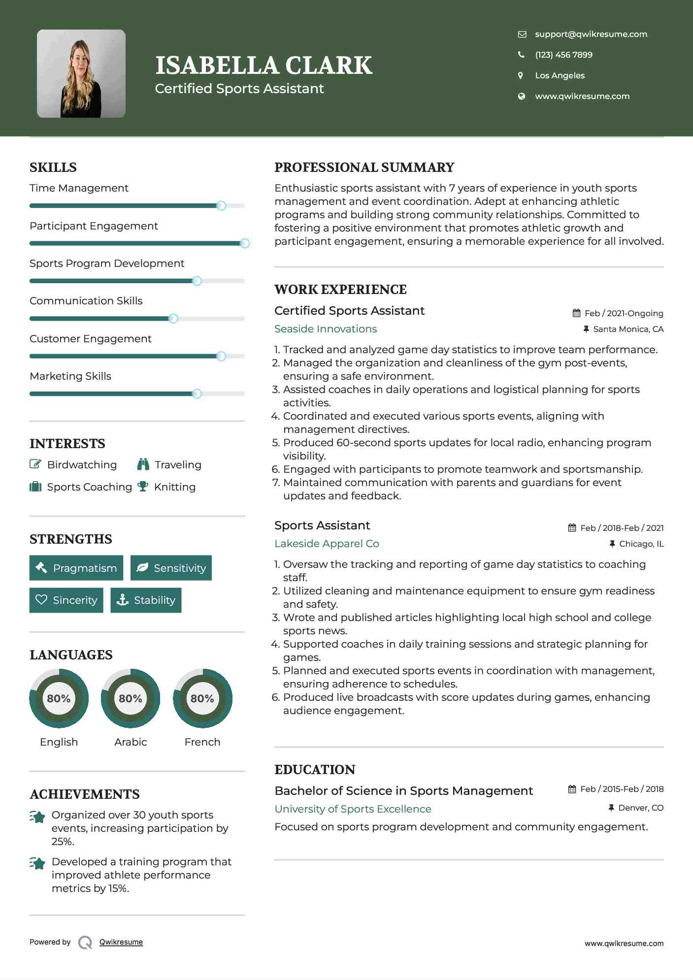 Certified Sports Assistant Resume Template