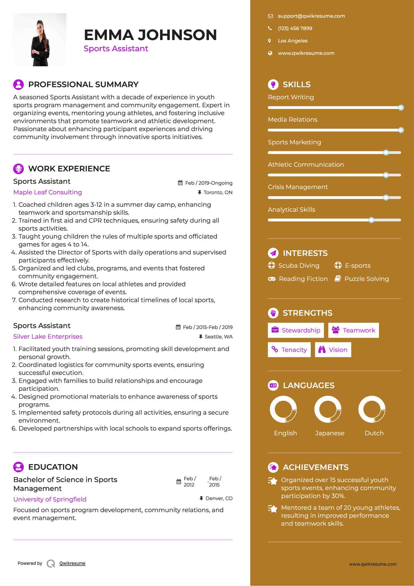 Sports Assistant Resume Example