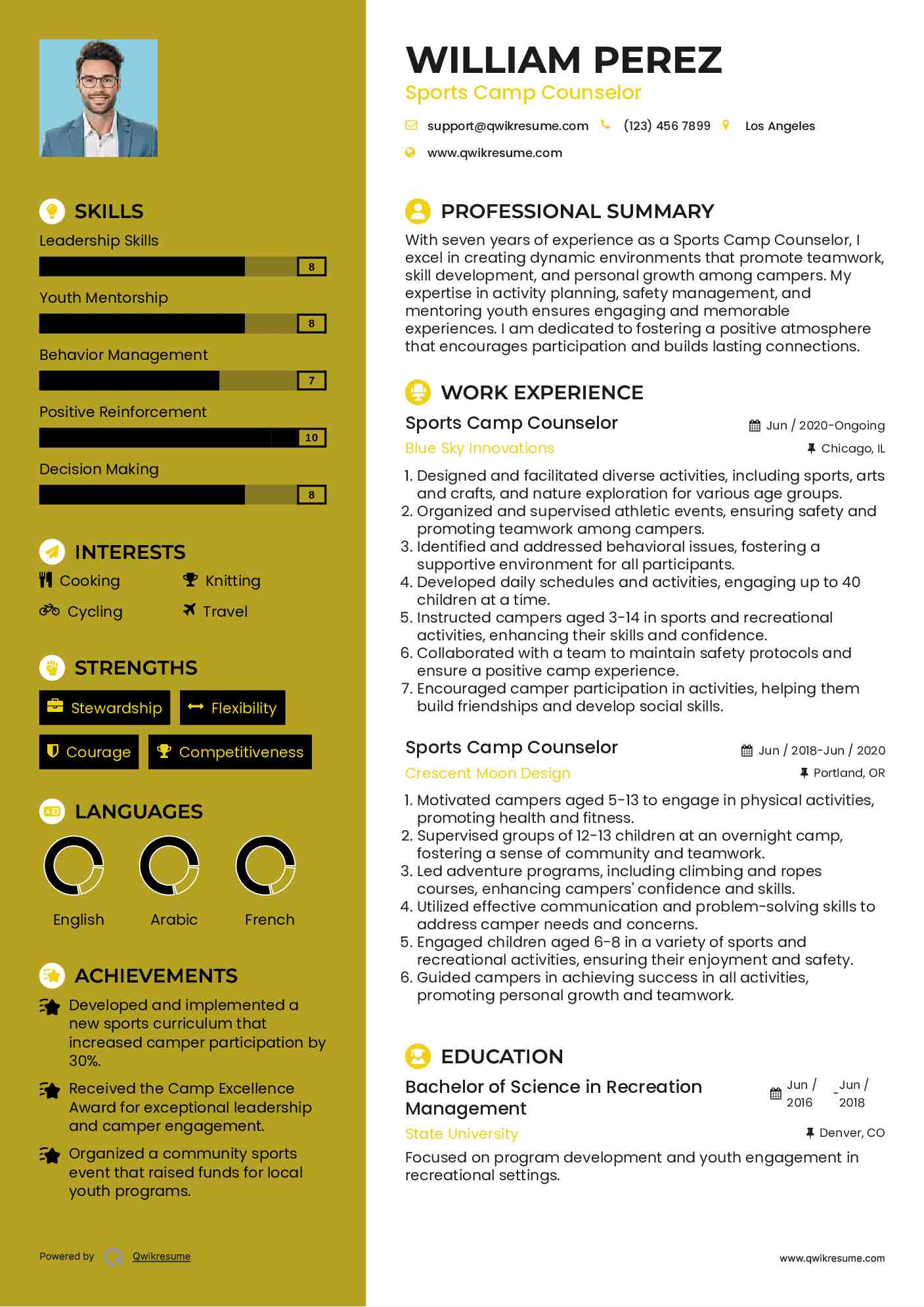 Sports Camp Counselor Resume Sample