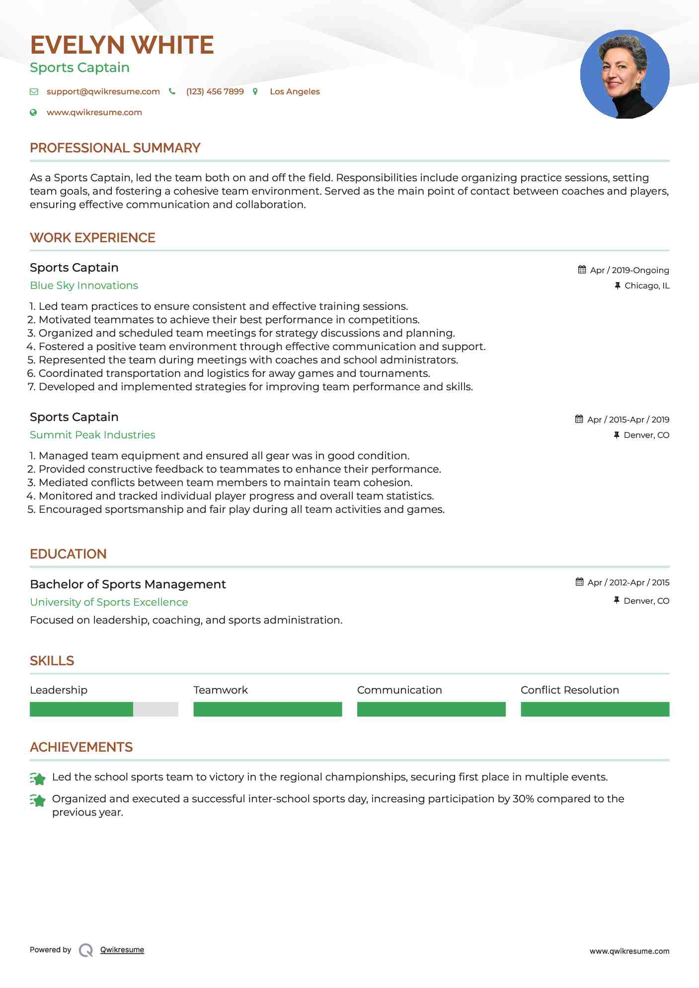 Sports Captain Resume Format