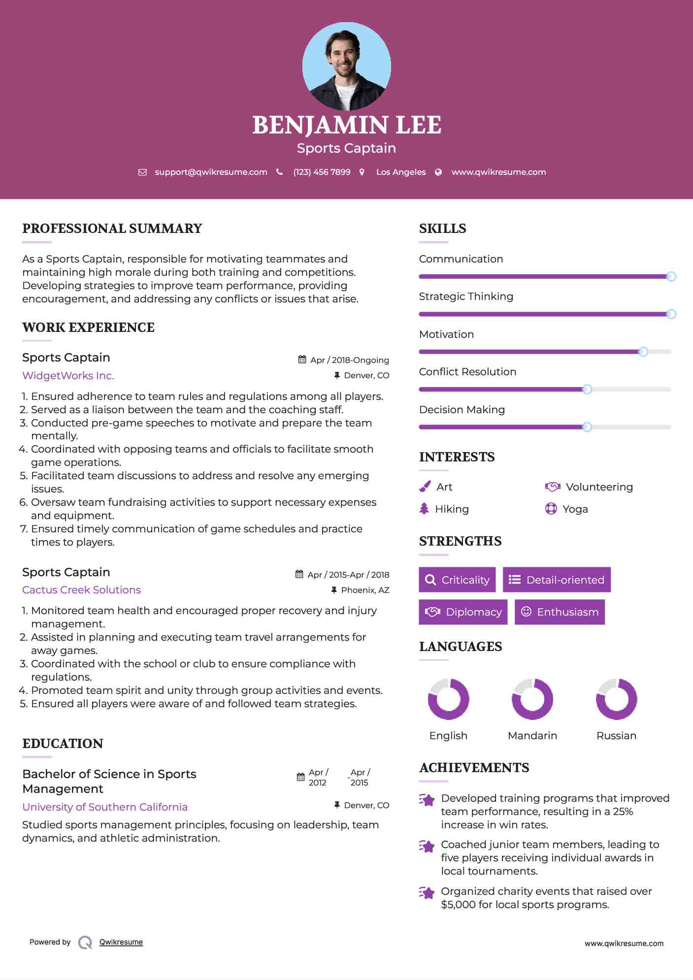 Sports Captain Resume Model