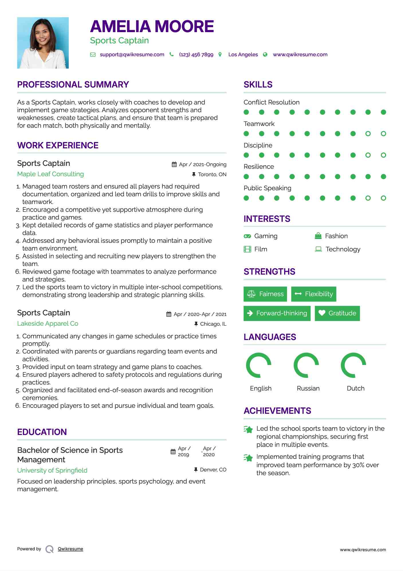 Sports Captain Resume Example