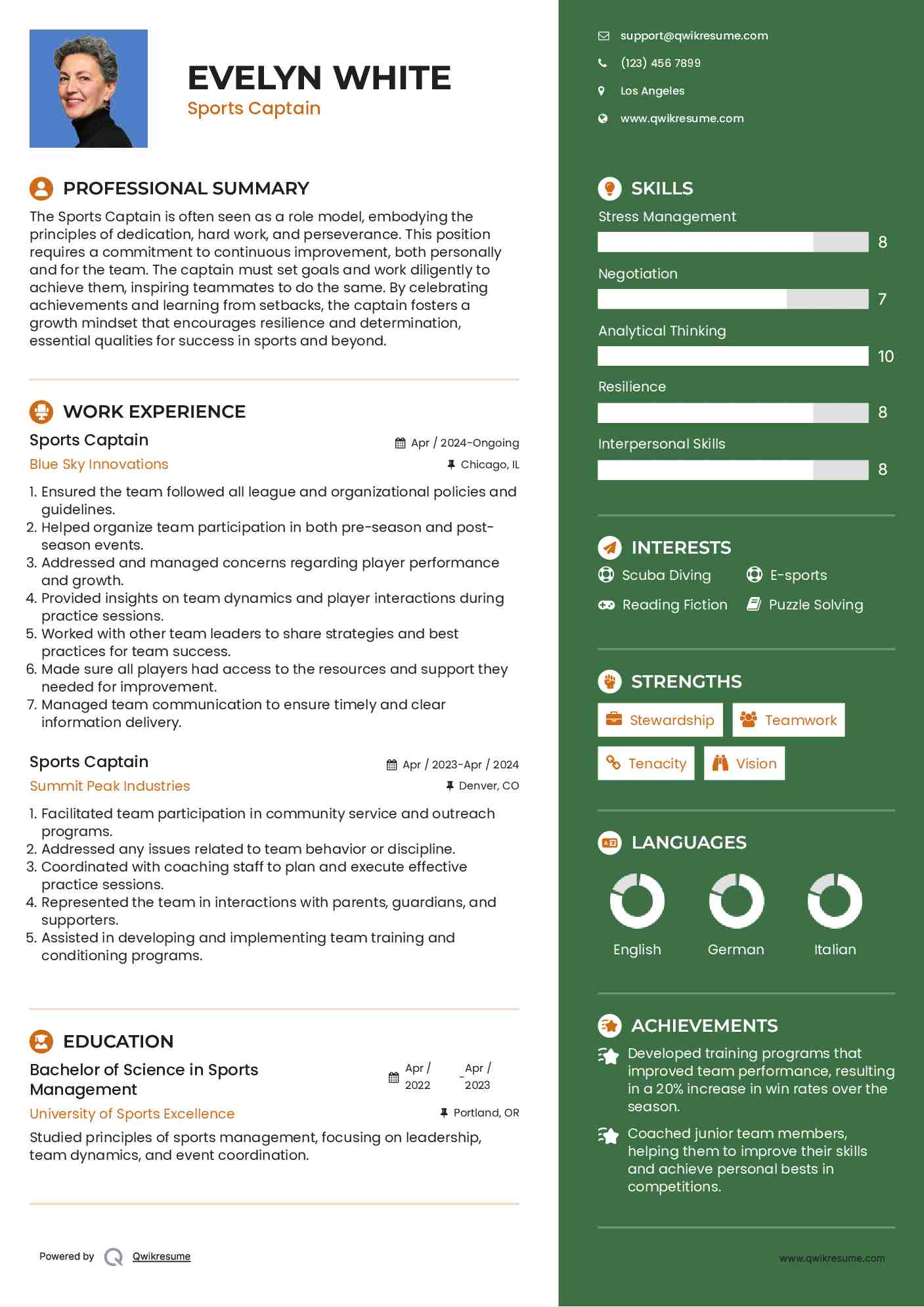 Sports Captain Resume Template