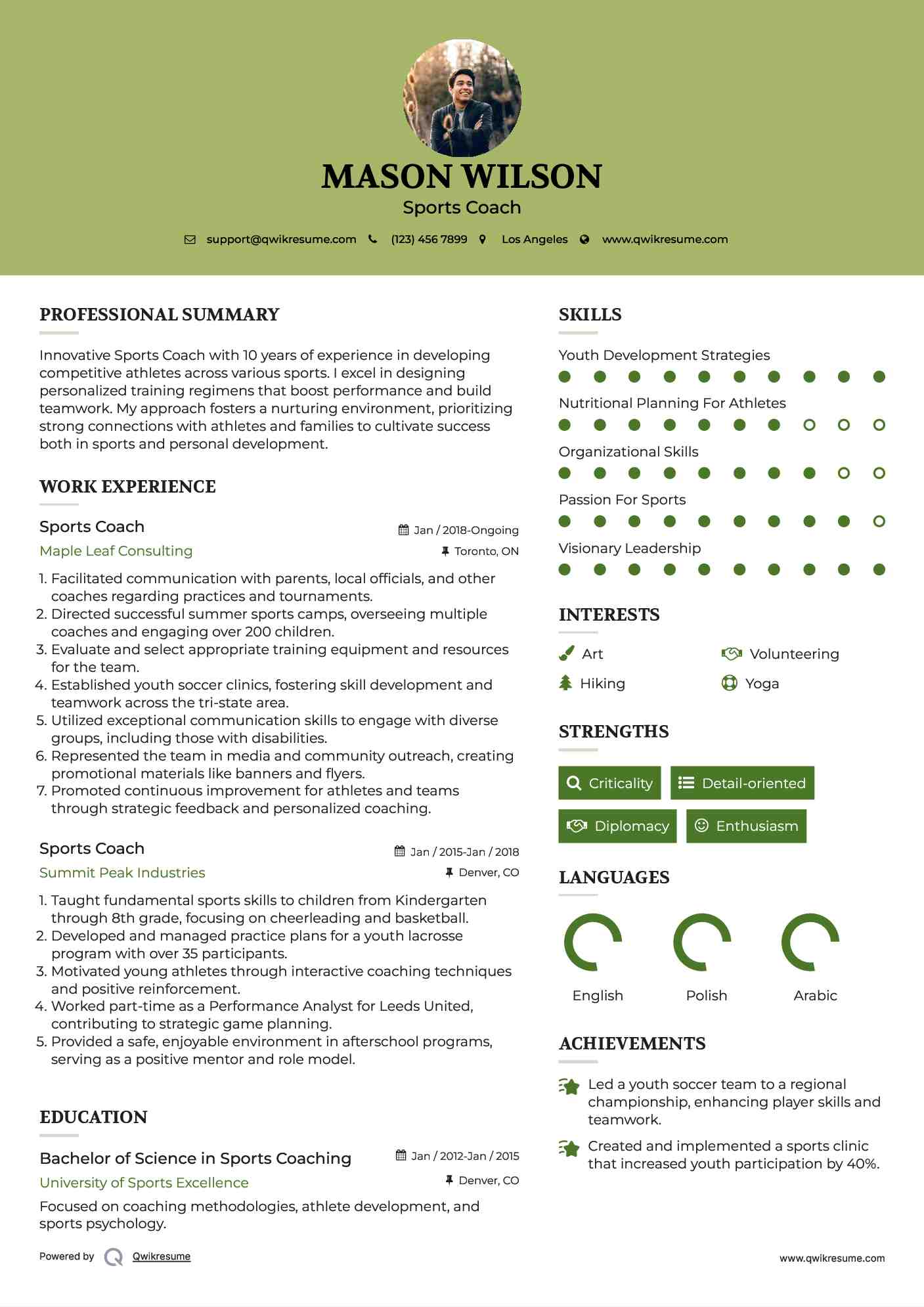 Sports Coach Resume Sample