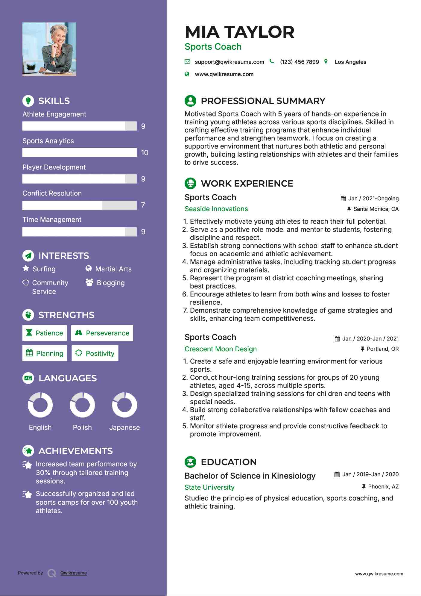 Sports Coach Resume Example