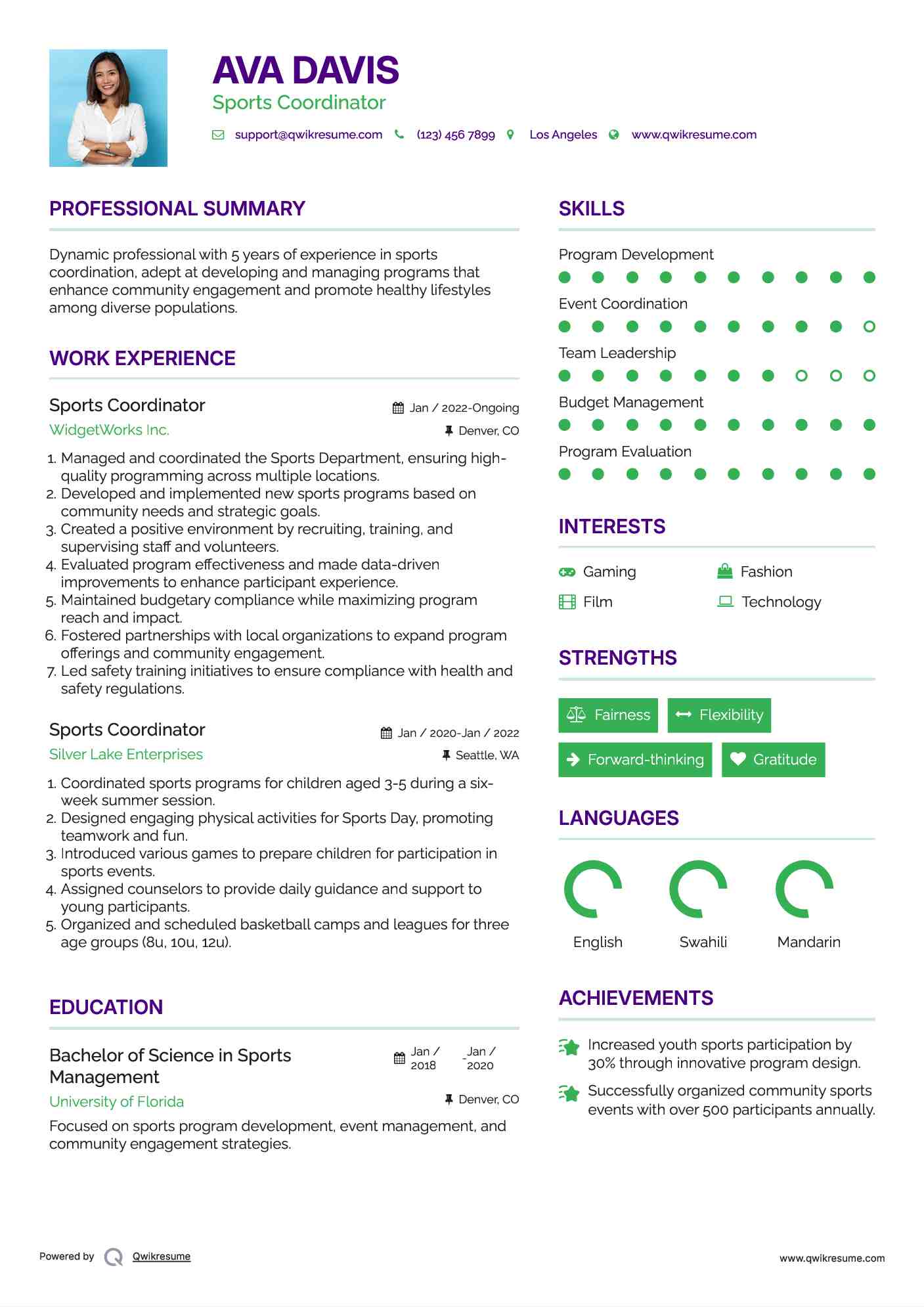 Sports Coordinator Resume Model
