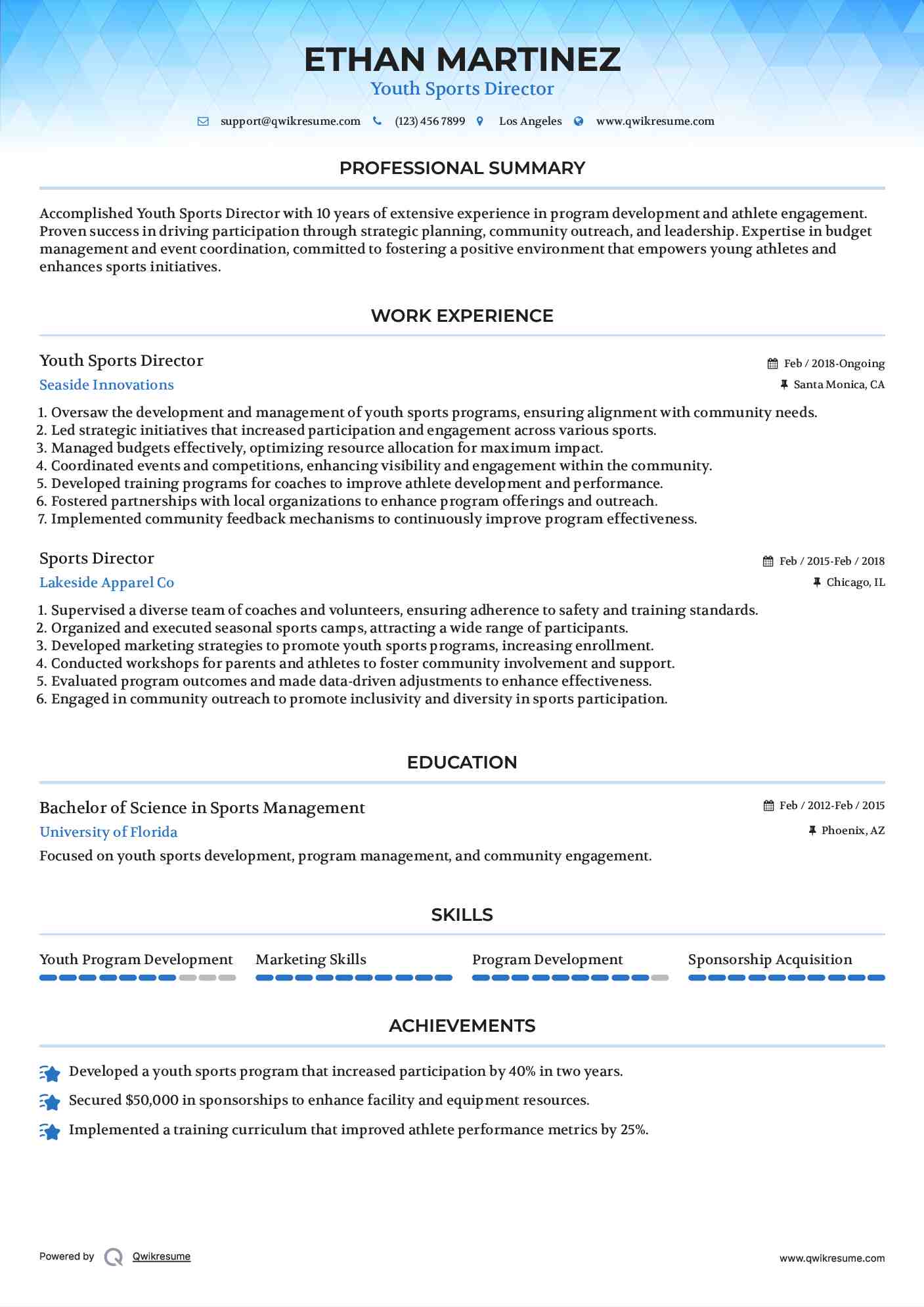 Youth Sports Director
 Resume Model