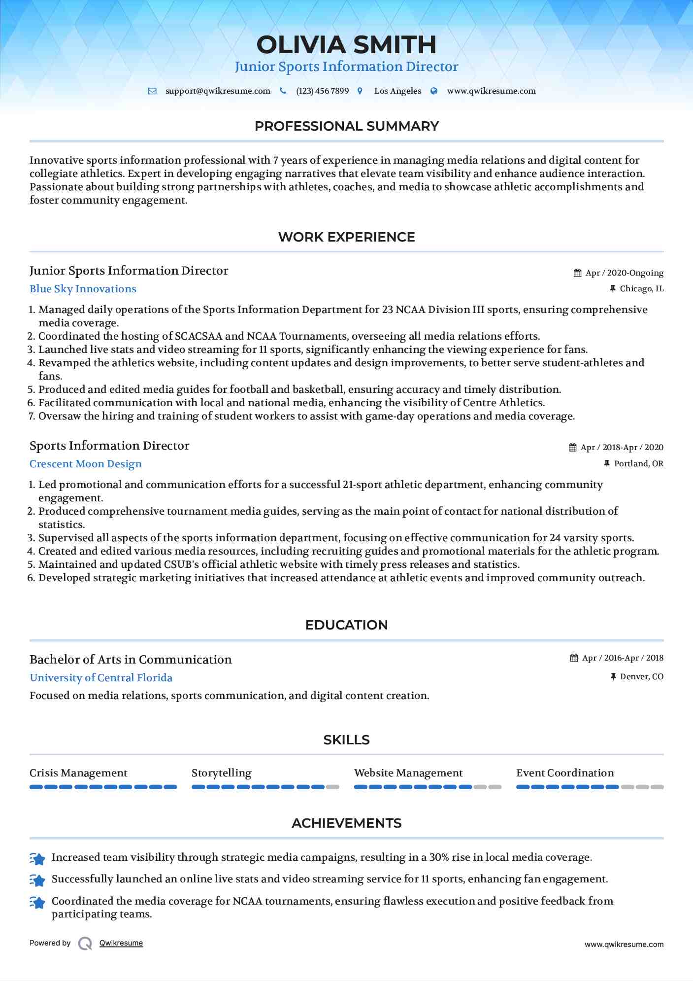 Sports Information Director Resume Samples QwikResume