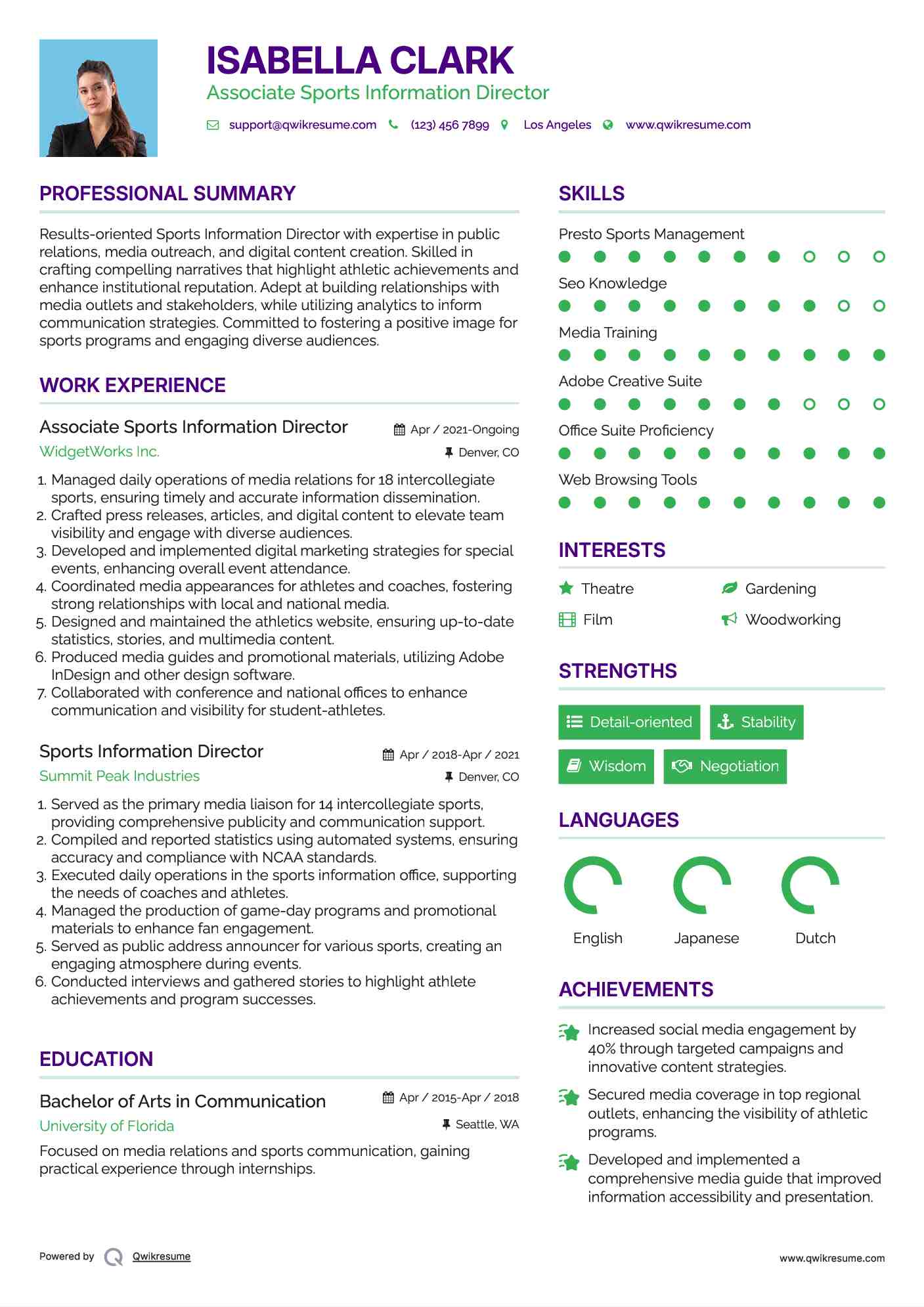Sports Information Director Resume Samples QwikResume