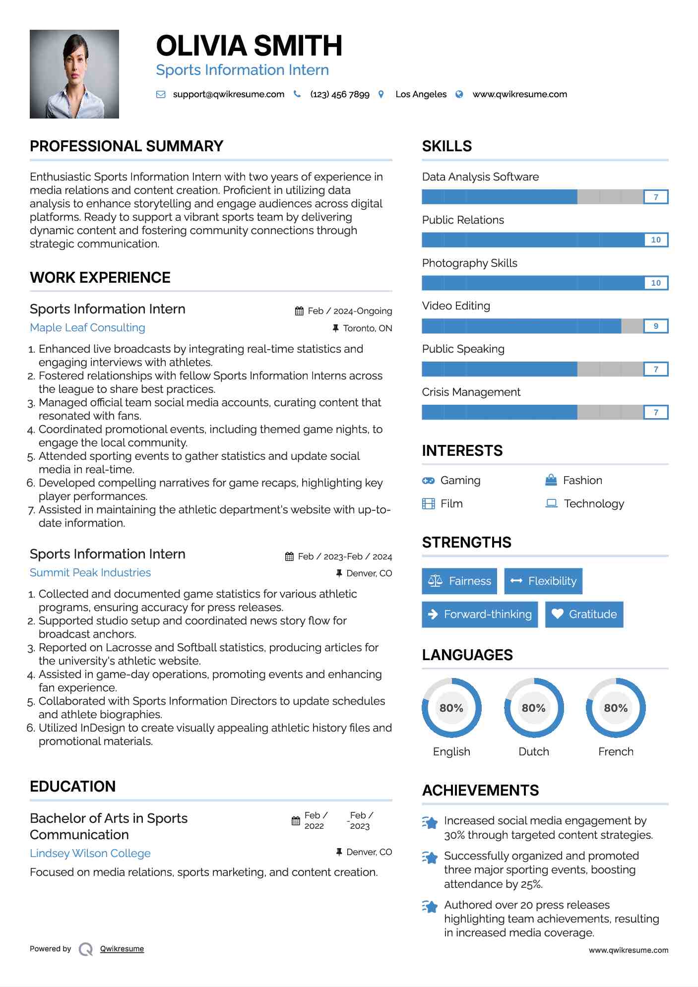 Sports Information Intern Resume Example