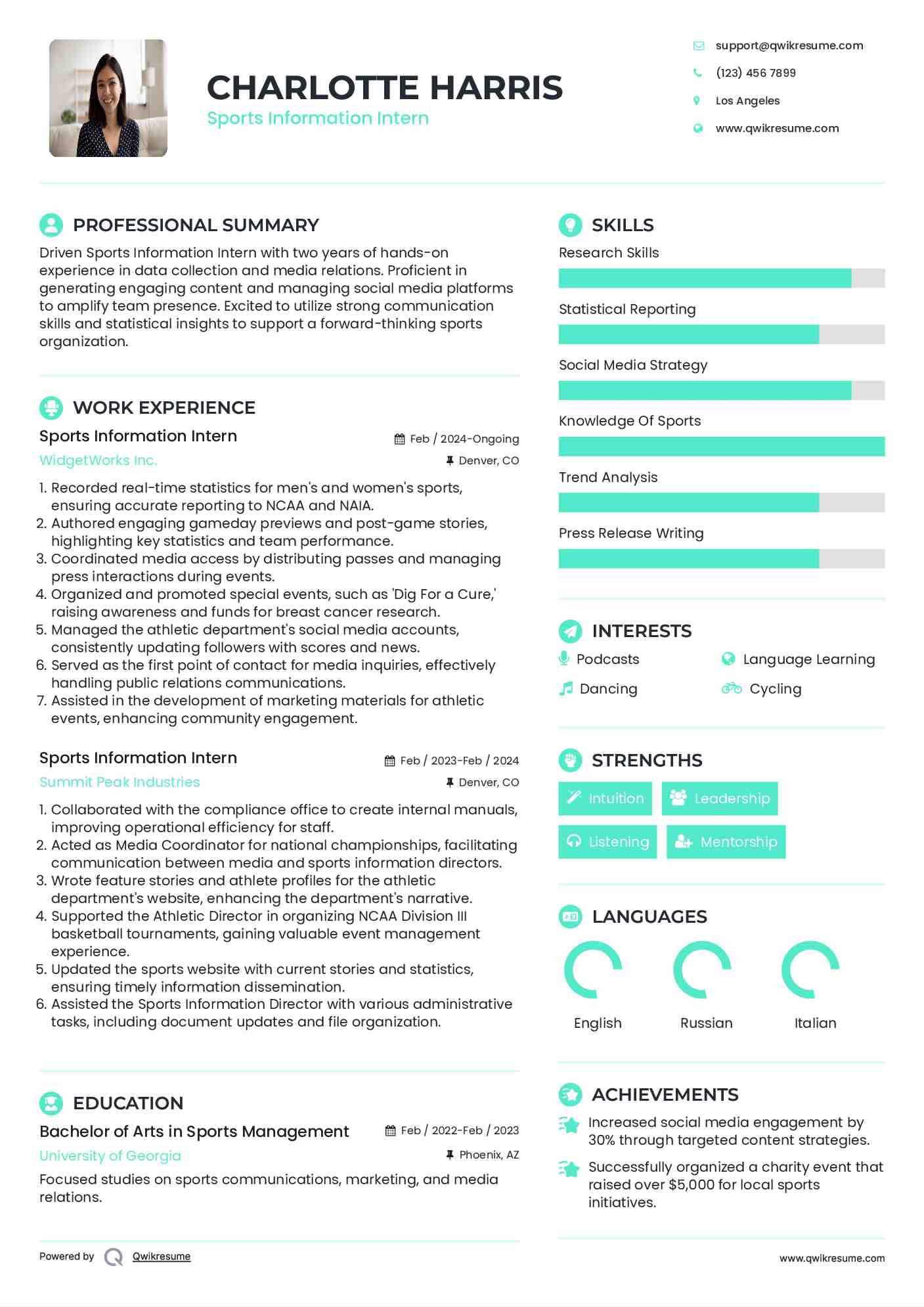 Sports Information Intern Resume Template