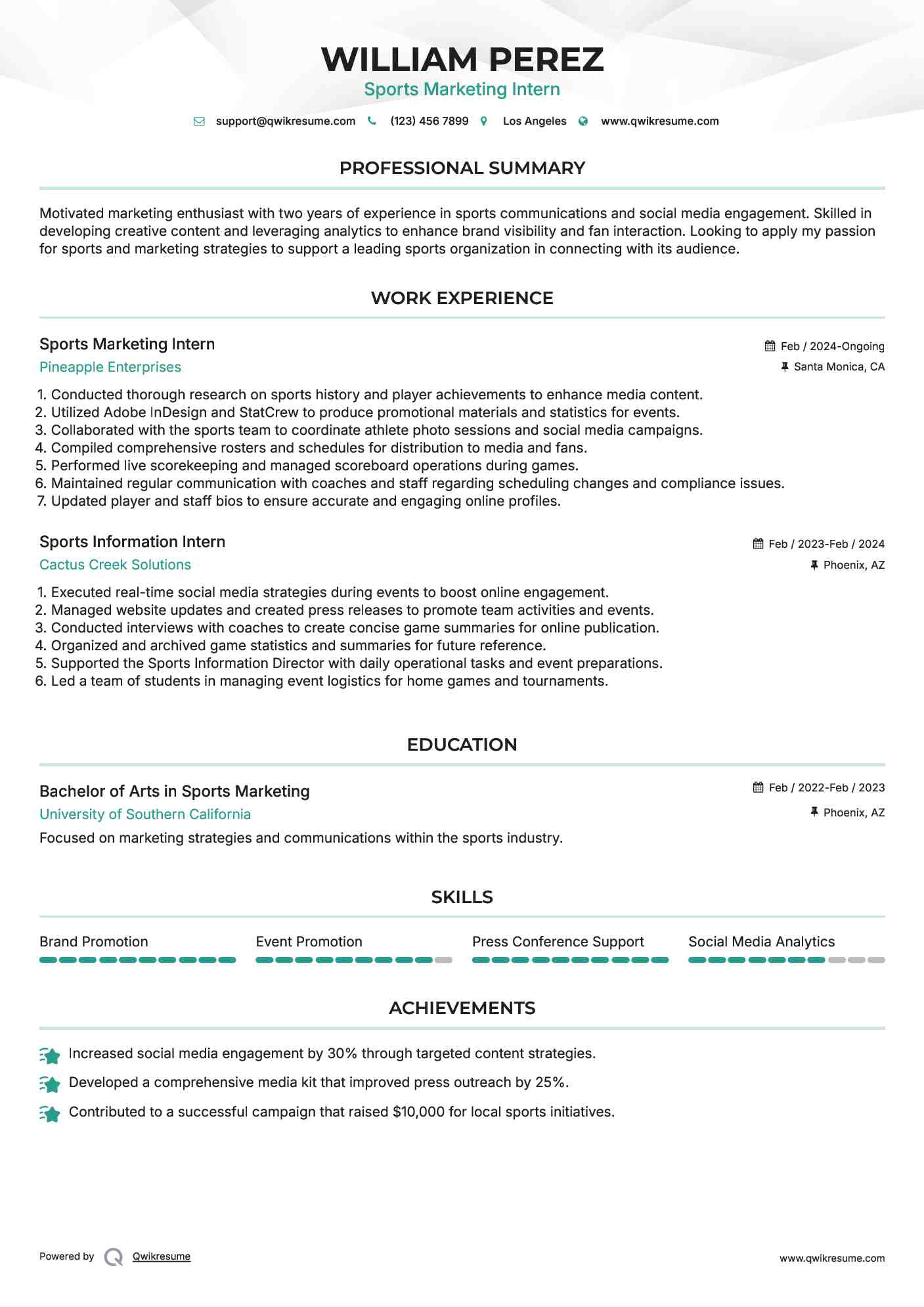 Sports Marketing Intern
 Resume Template