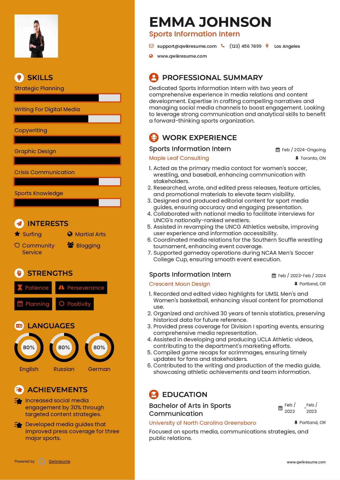 Sports Information Intern Resume Format