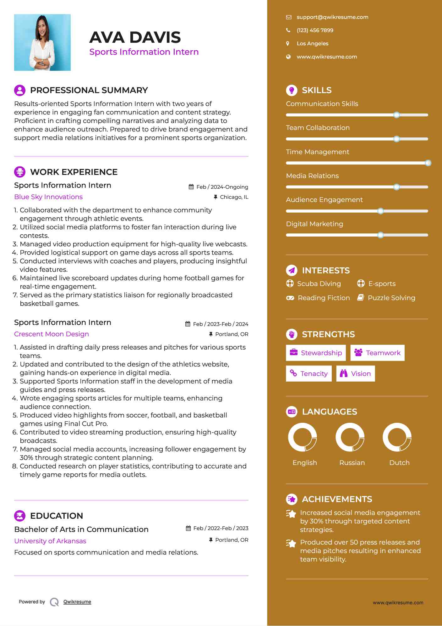 Sports Information Intern Resume Sample