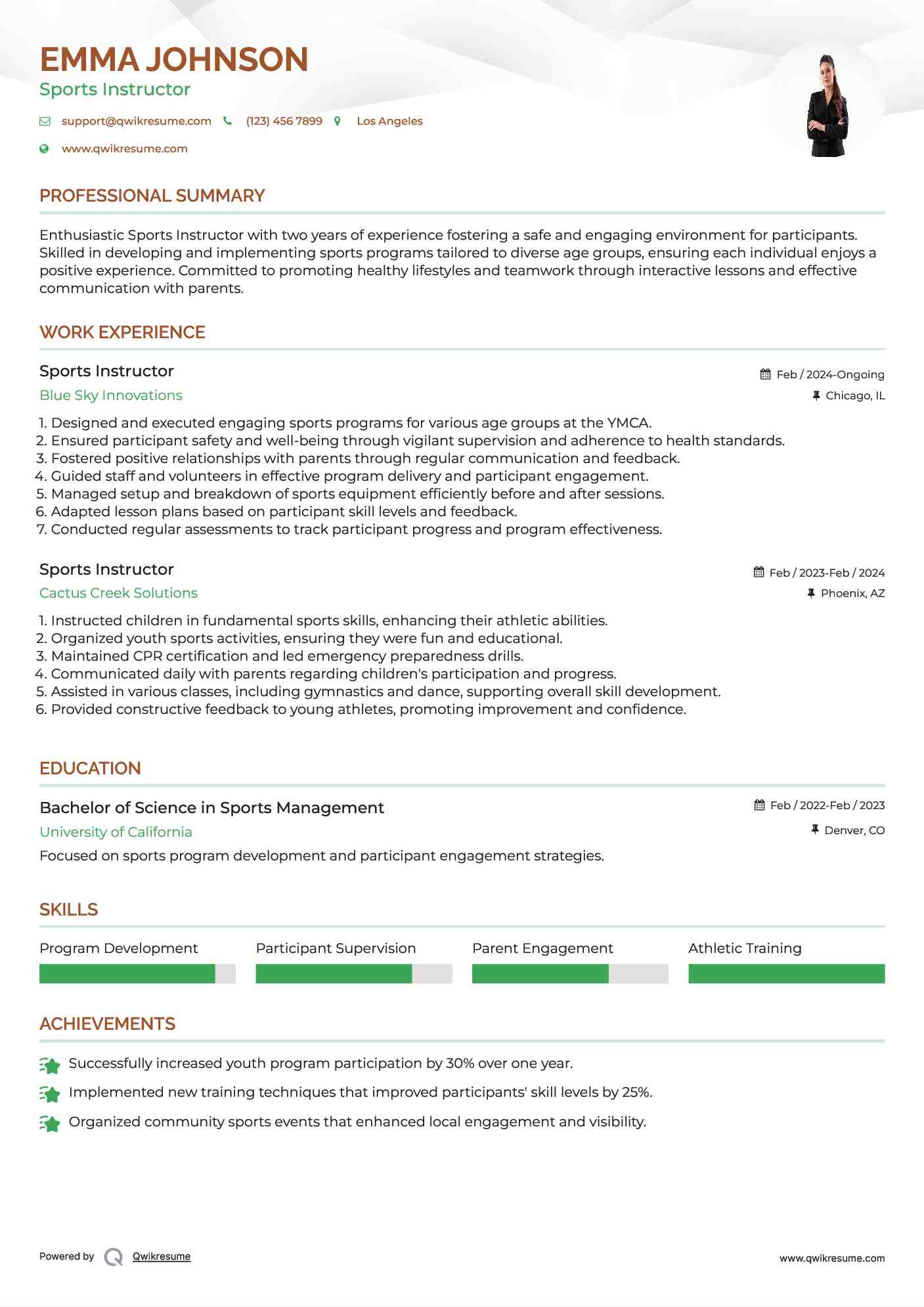 Sports Instructor Resume Model