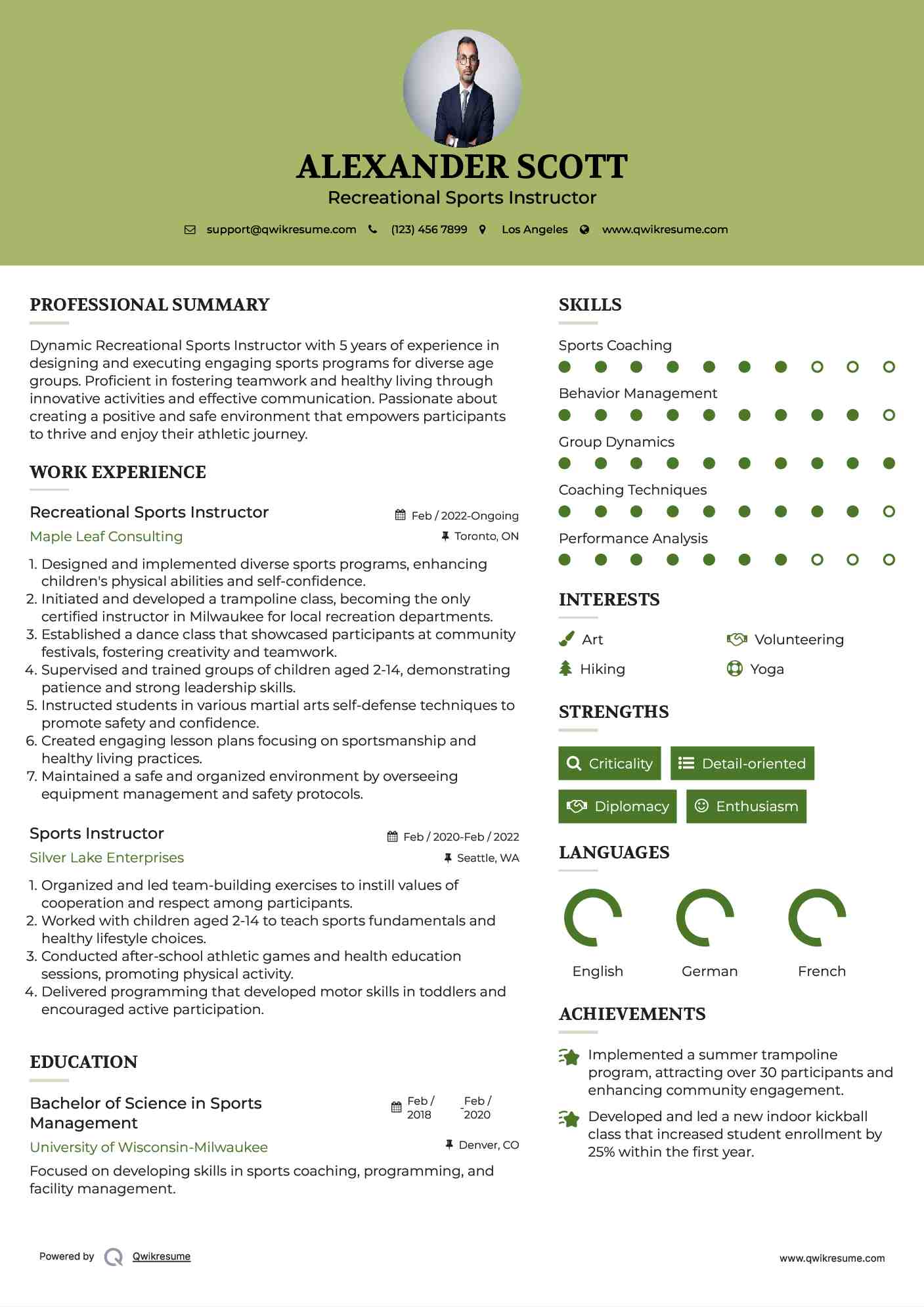 Recreational Sports Instructor
 Resume Template