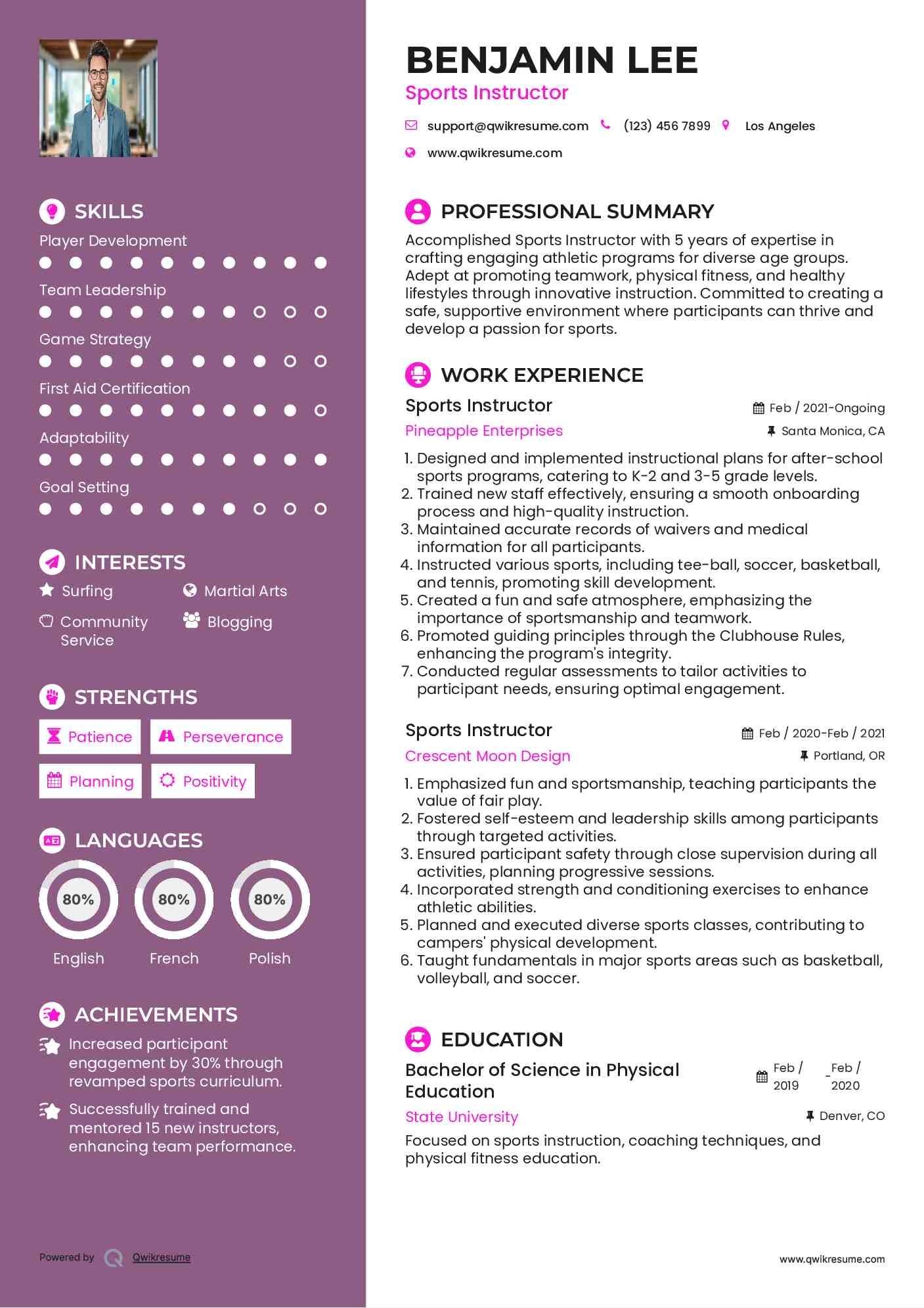 Sports Instructor Resume Sample