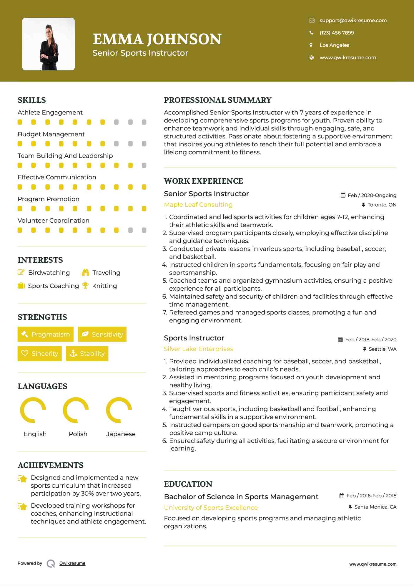 Senior Sports Instructor Resume Example