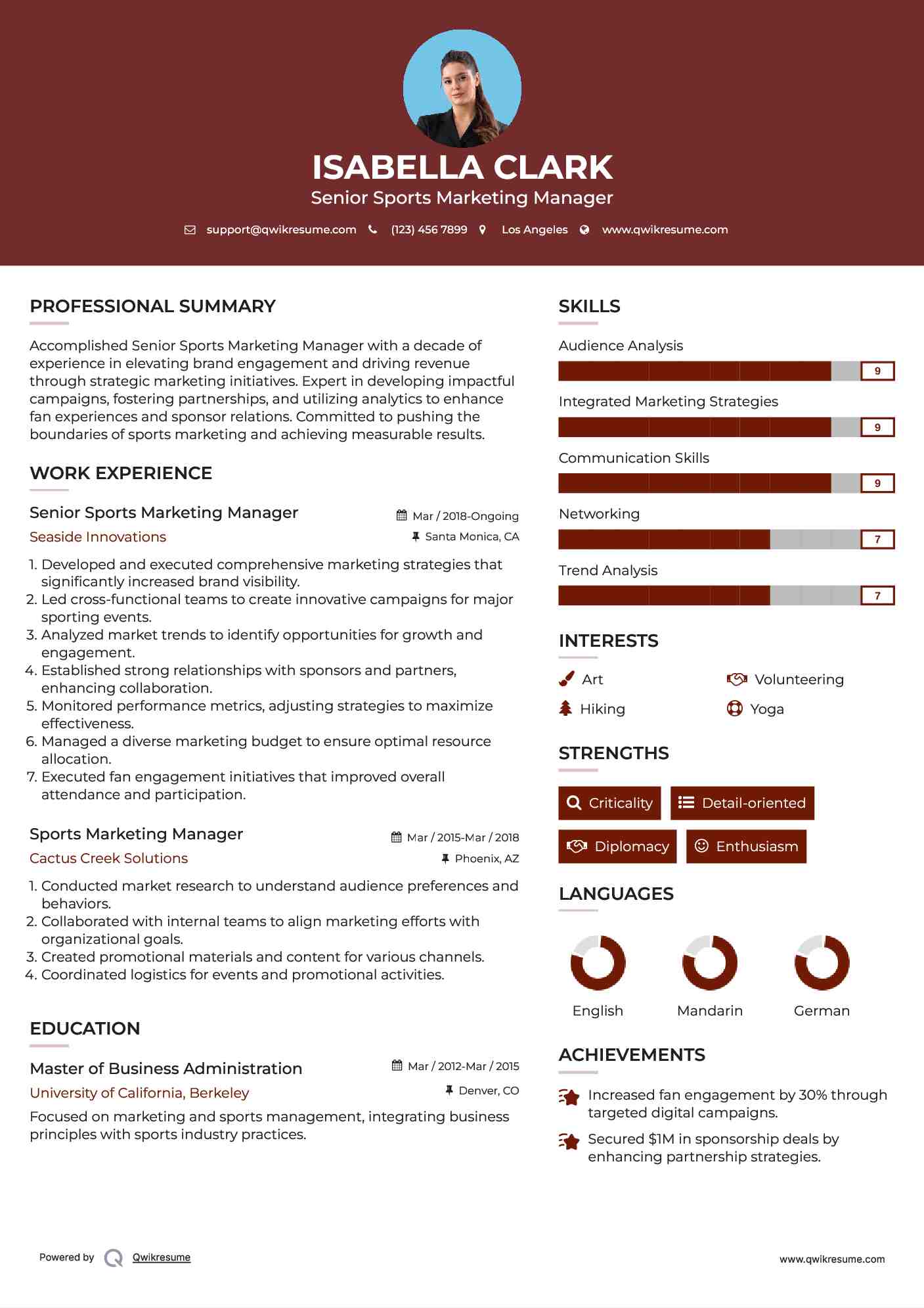 Senior Sports Marketing Manager Resume Template