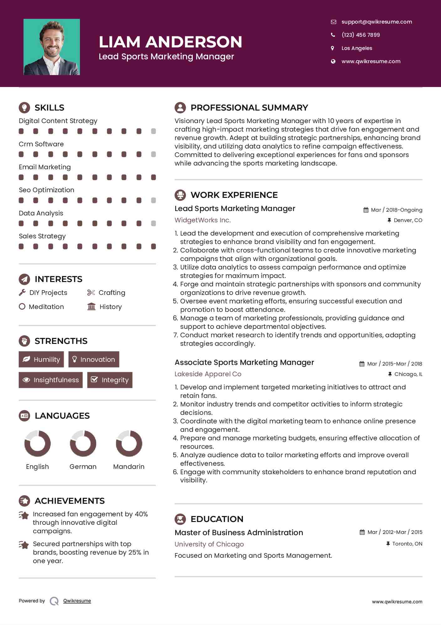 Lead Sports Marketing Manager Resume Sample