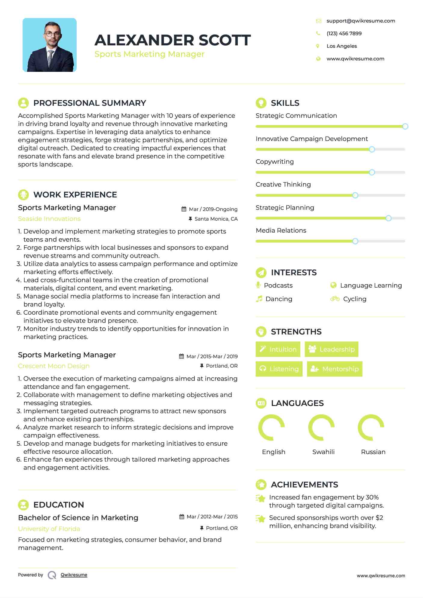 Sports Marketing Manager Resume Sample