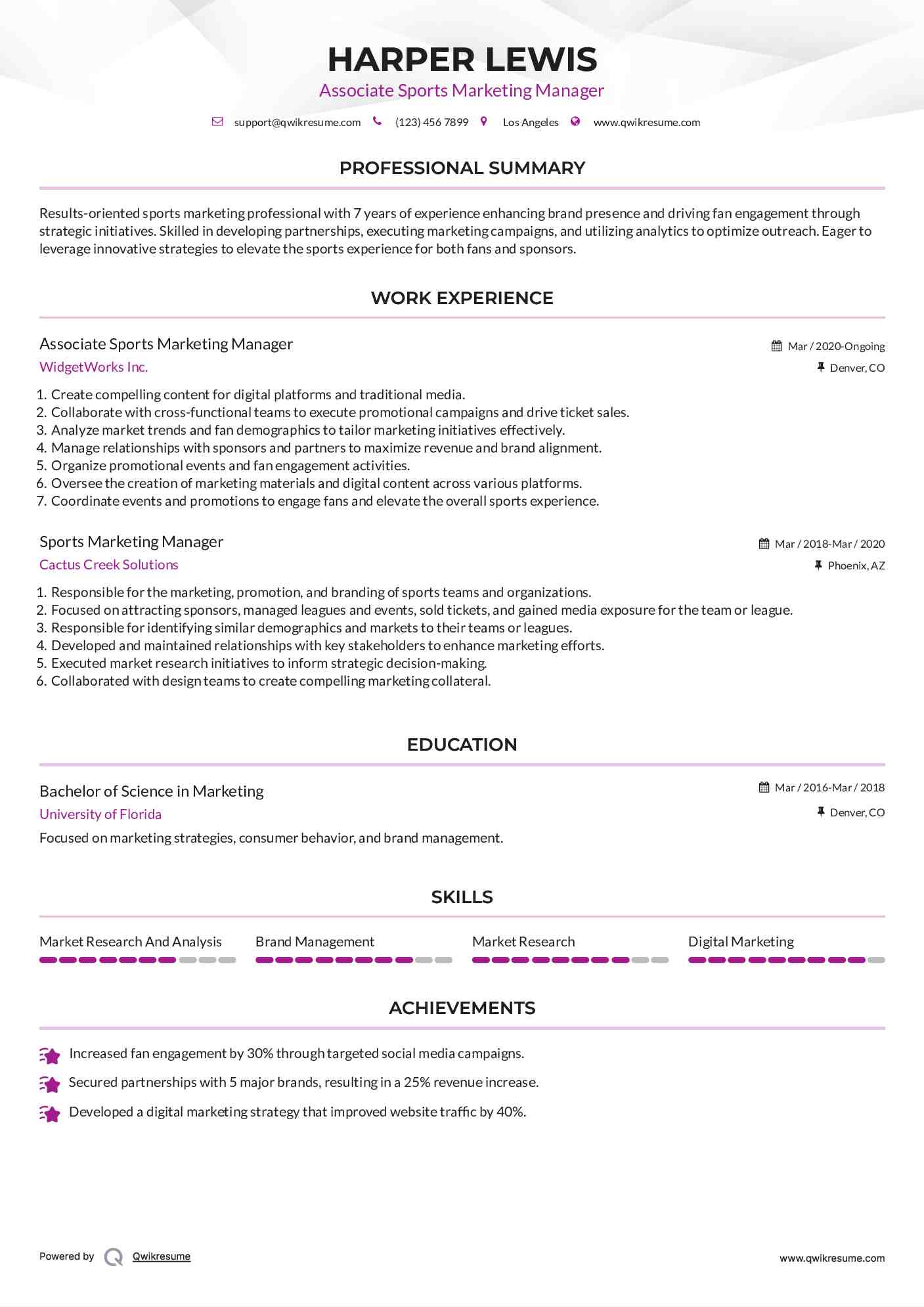Associate Sports Marketing Manager Resume Format