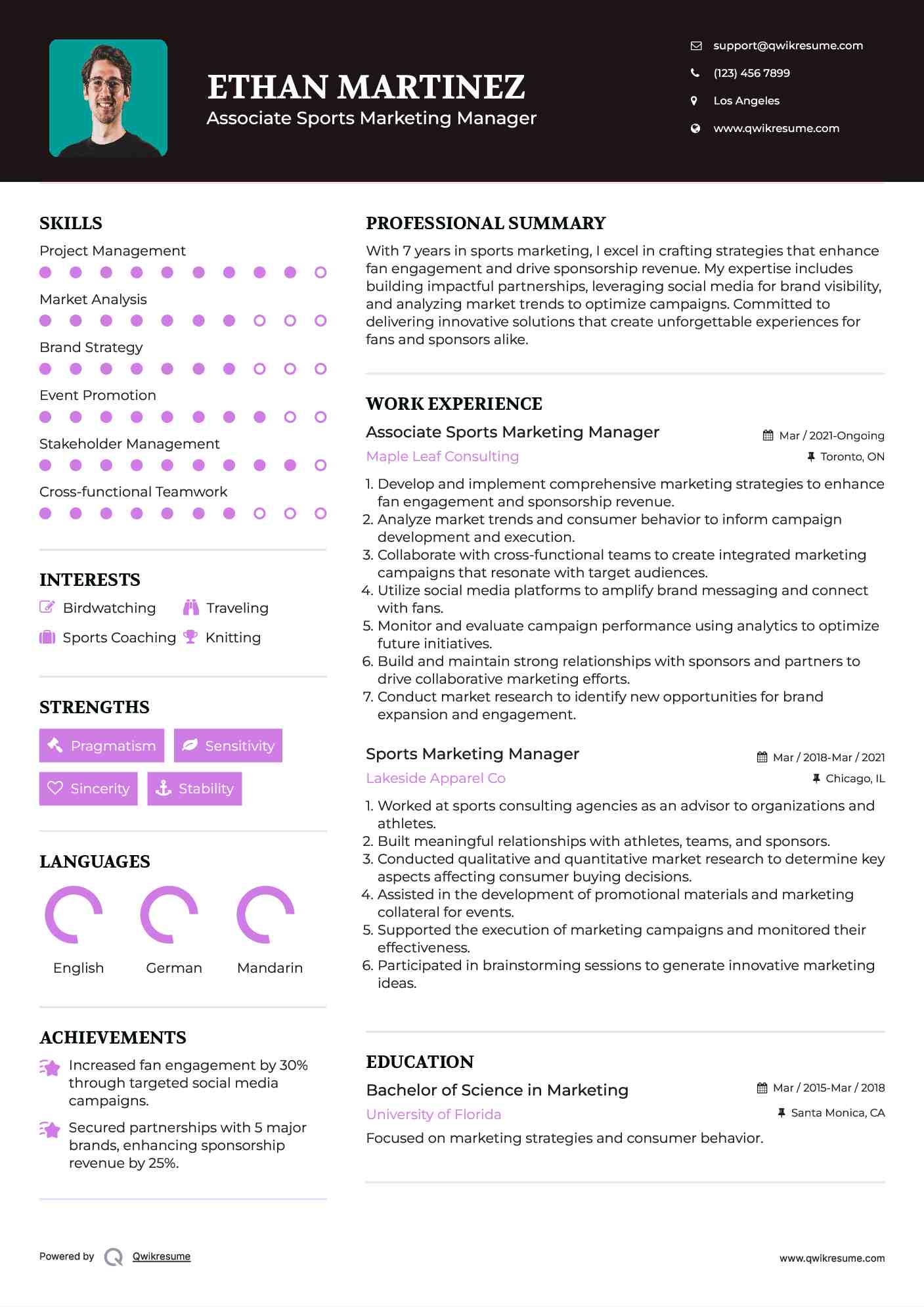 Associate Sports Marketing Manager Resume Format