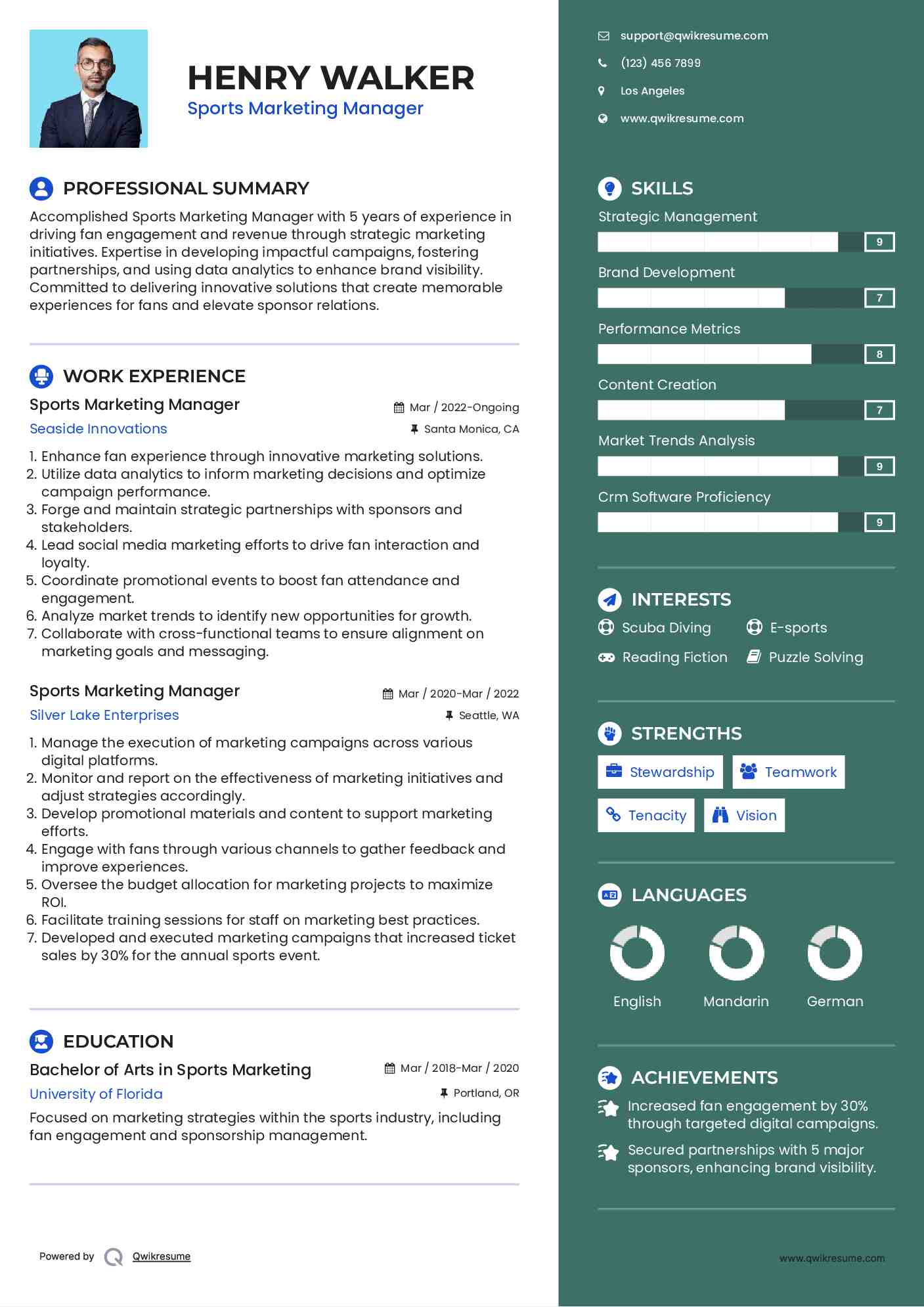 Sports Marketing Manager Resume Sample