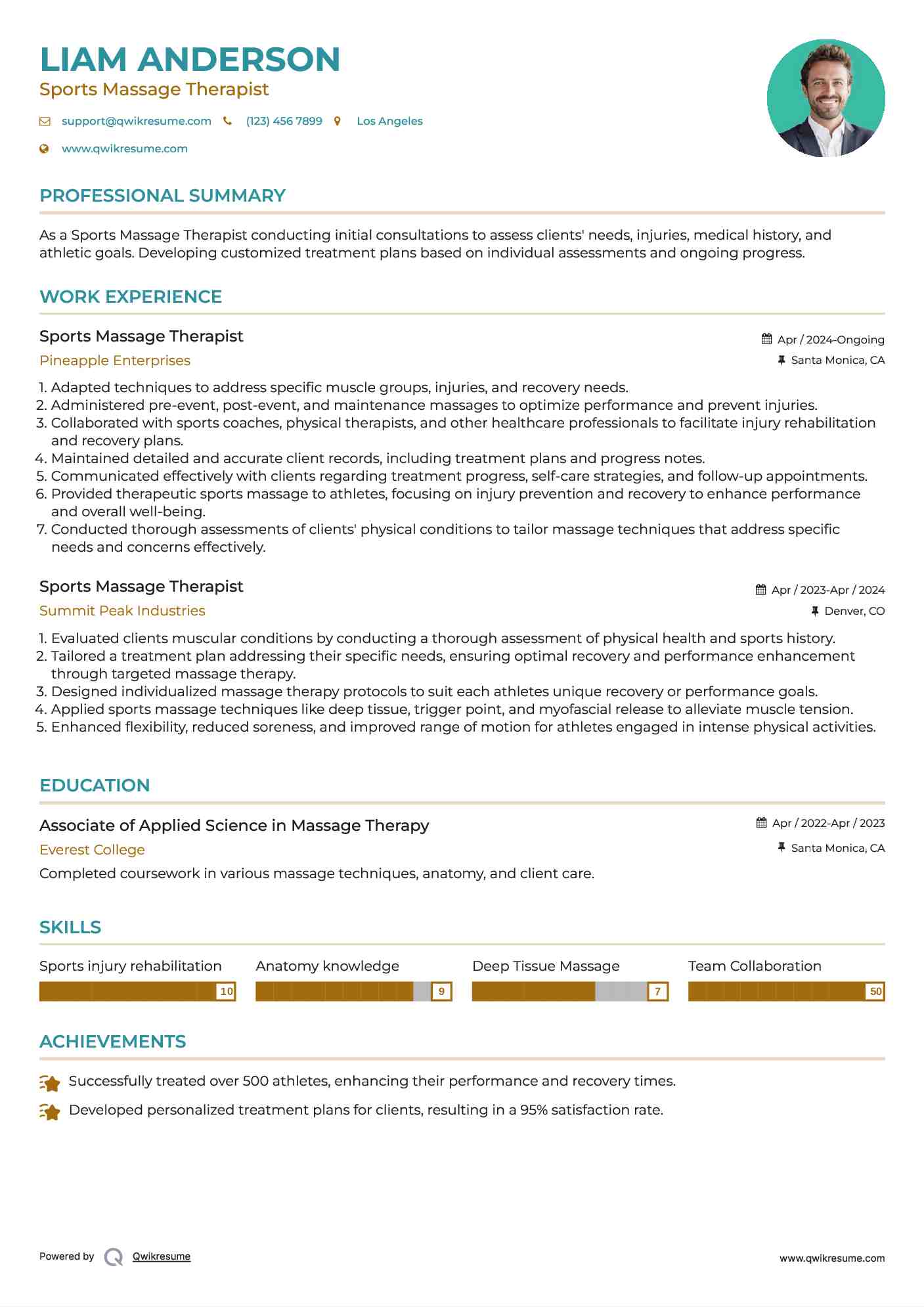 Sports Massage Therapist Resume Model