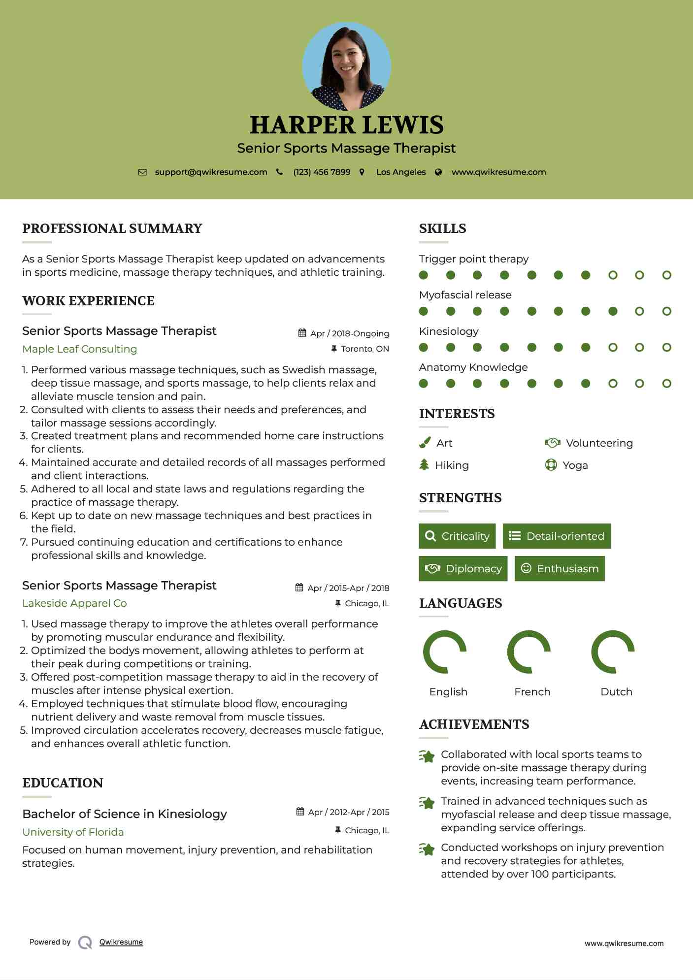 Senior Sports Massage Therapist Resume Model