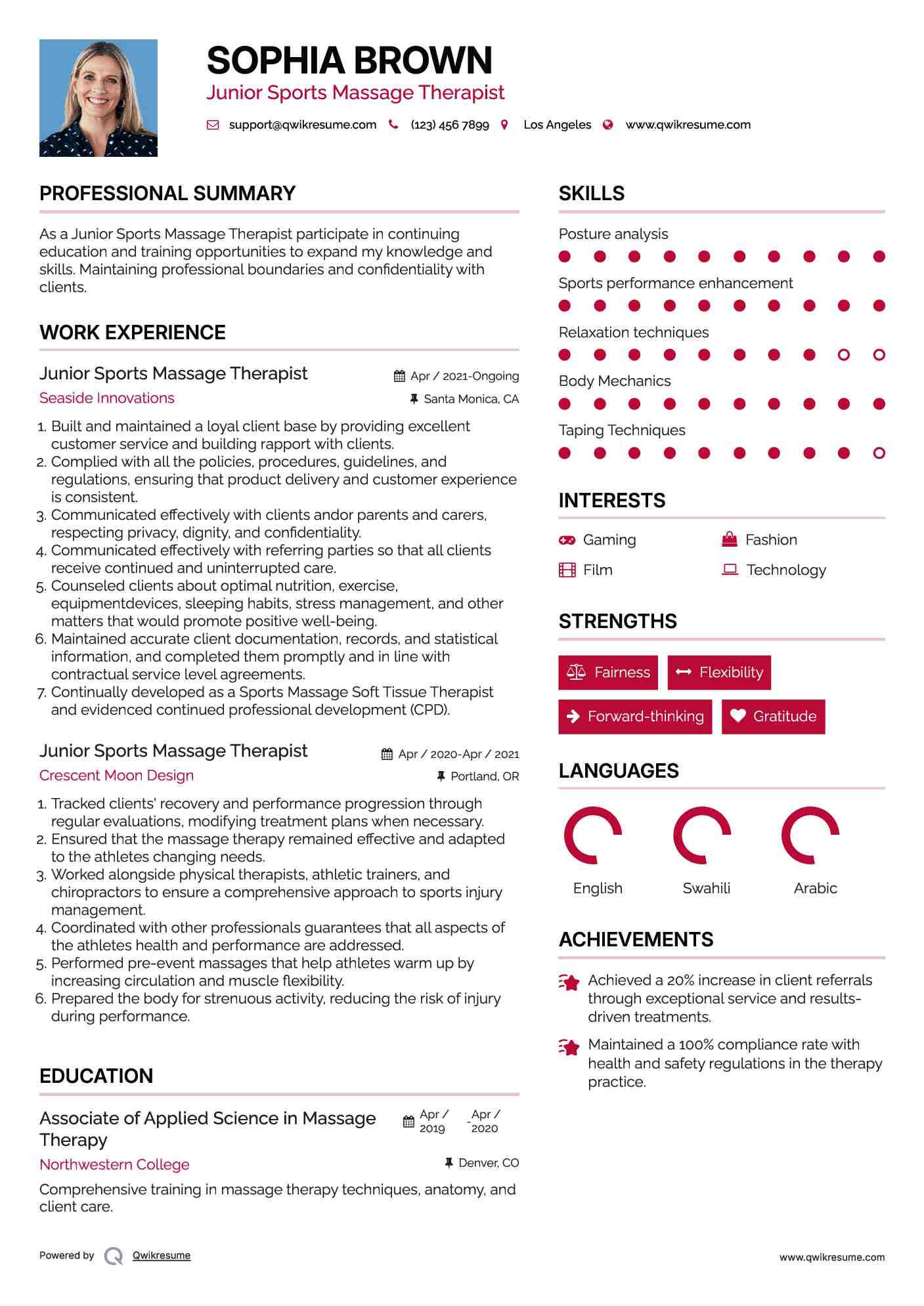Junior Sports Massage Therapist Resume Template