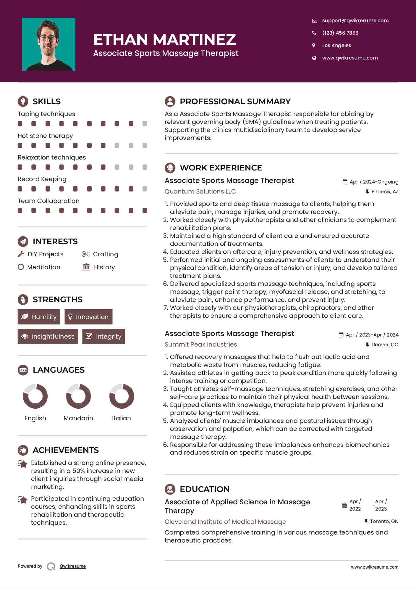 Associate Sports Massage Therapist Resume Template