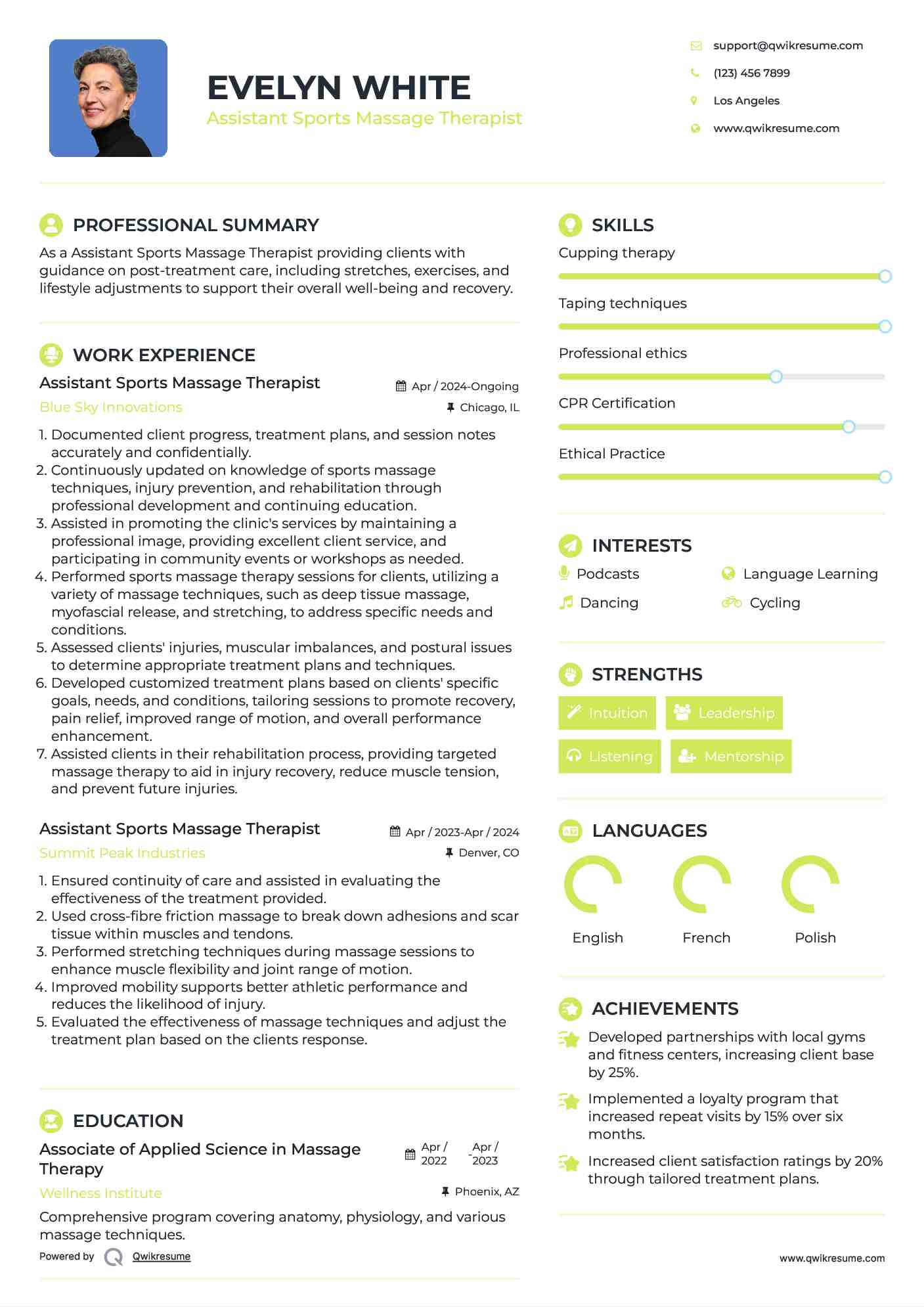Assistant Sports Massage Therapist Resume Model