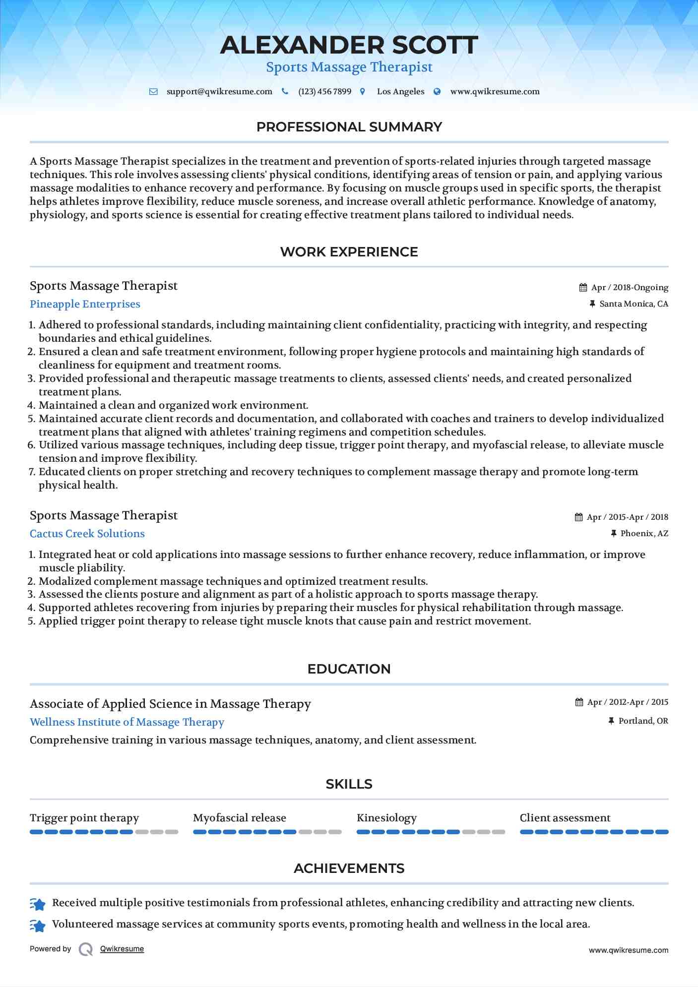 Sports Massage Therapist Resume Sample