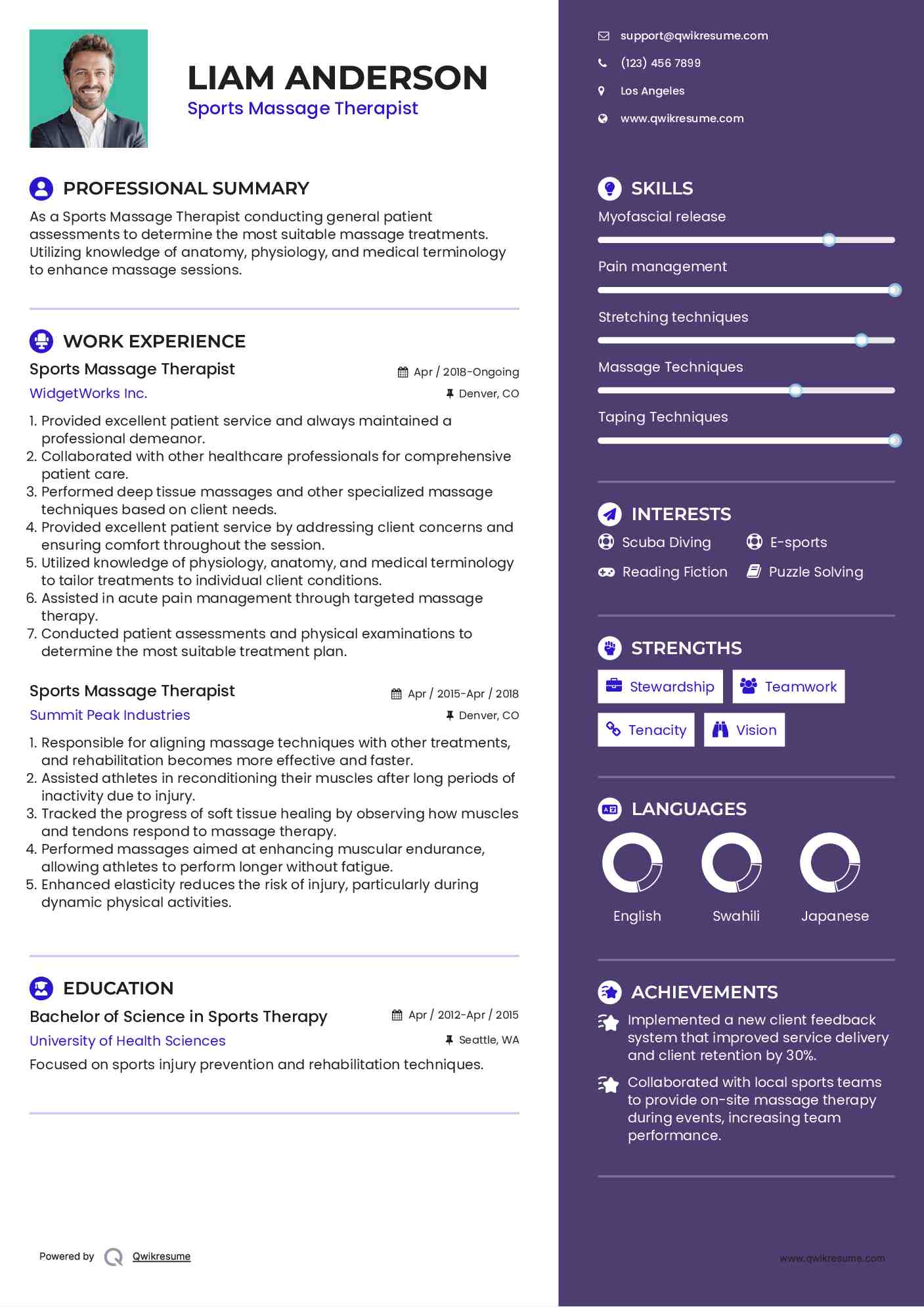 Sports Massage Therapist Resume Example