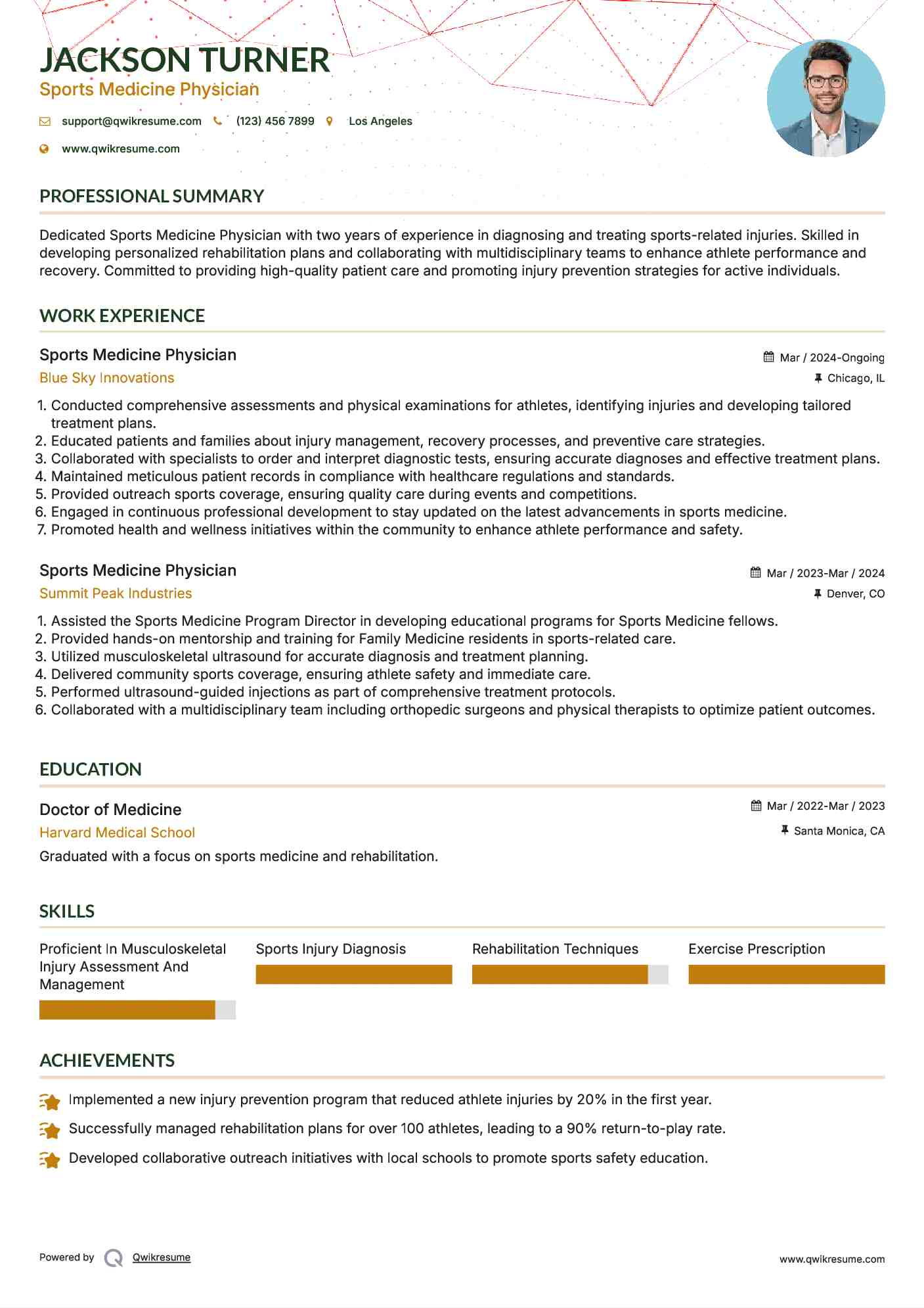 Sports Medicine Physician Resume Sample