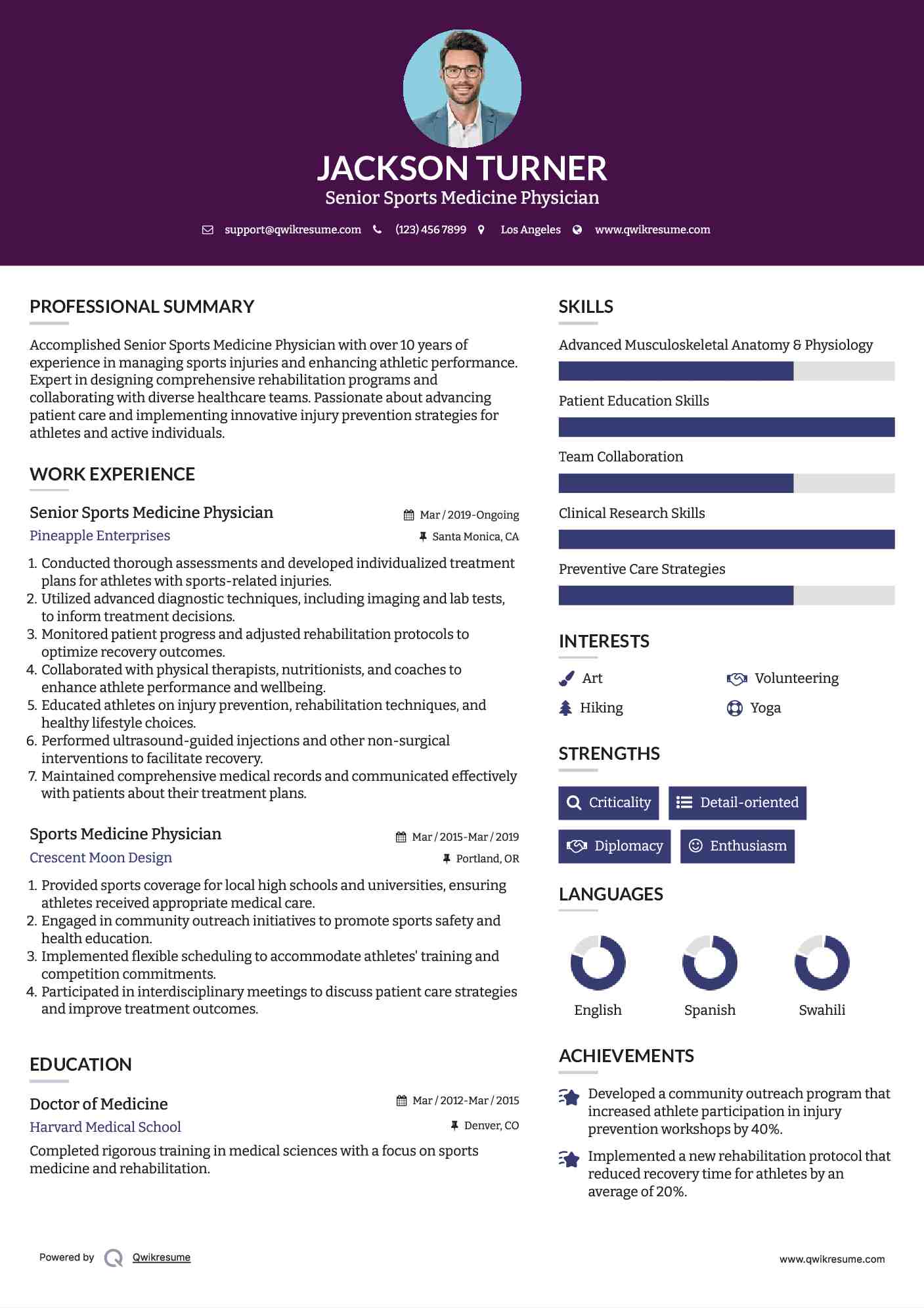 Senior Sports Medicine Physician Resume Template