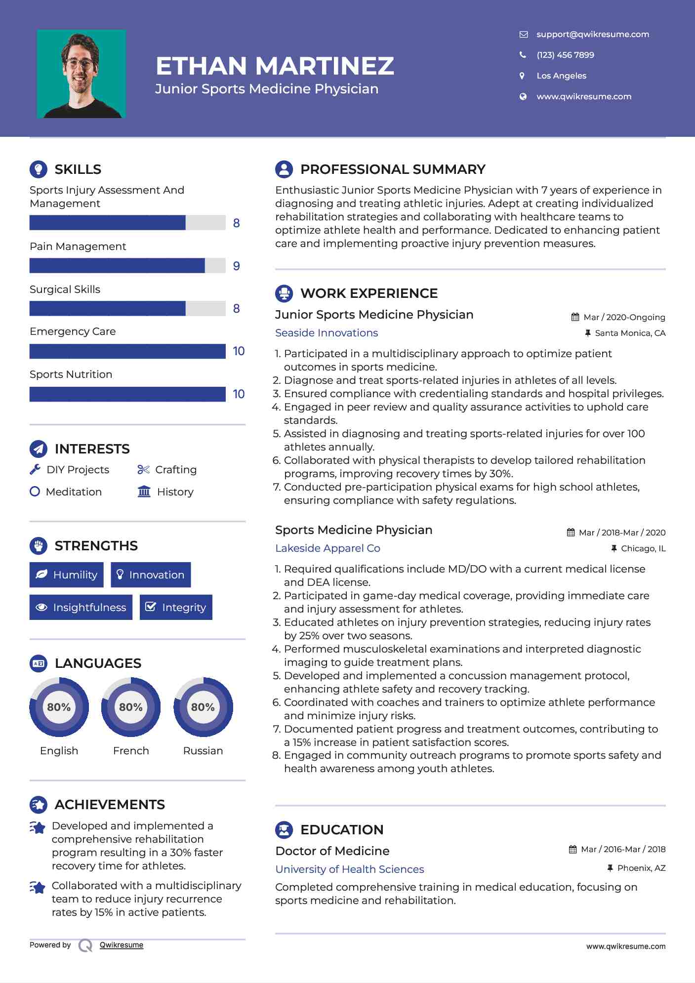 Junior Sports Medicine Physician Resume Example