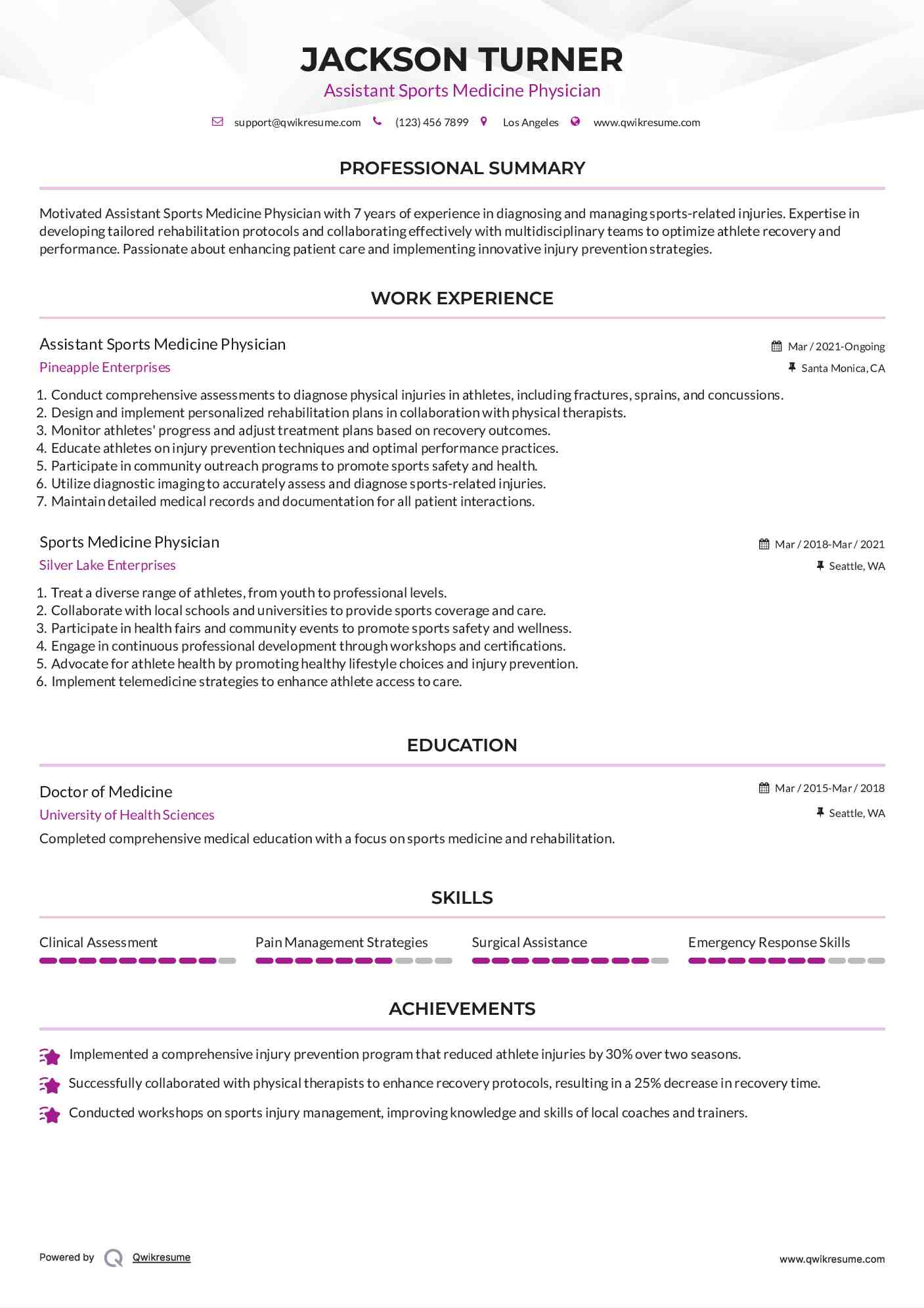 Assistant Sports Medicine Physician Resume Model