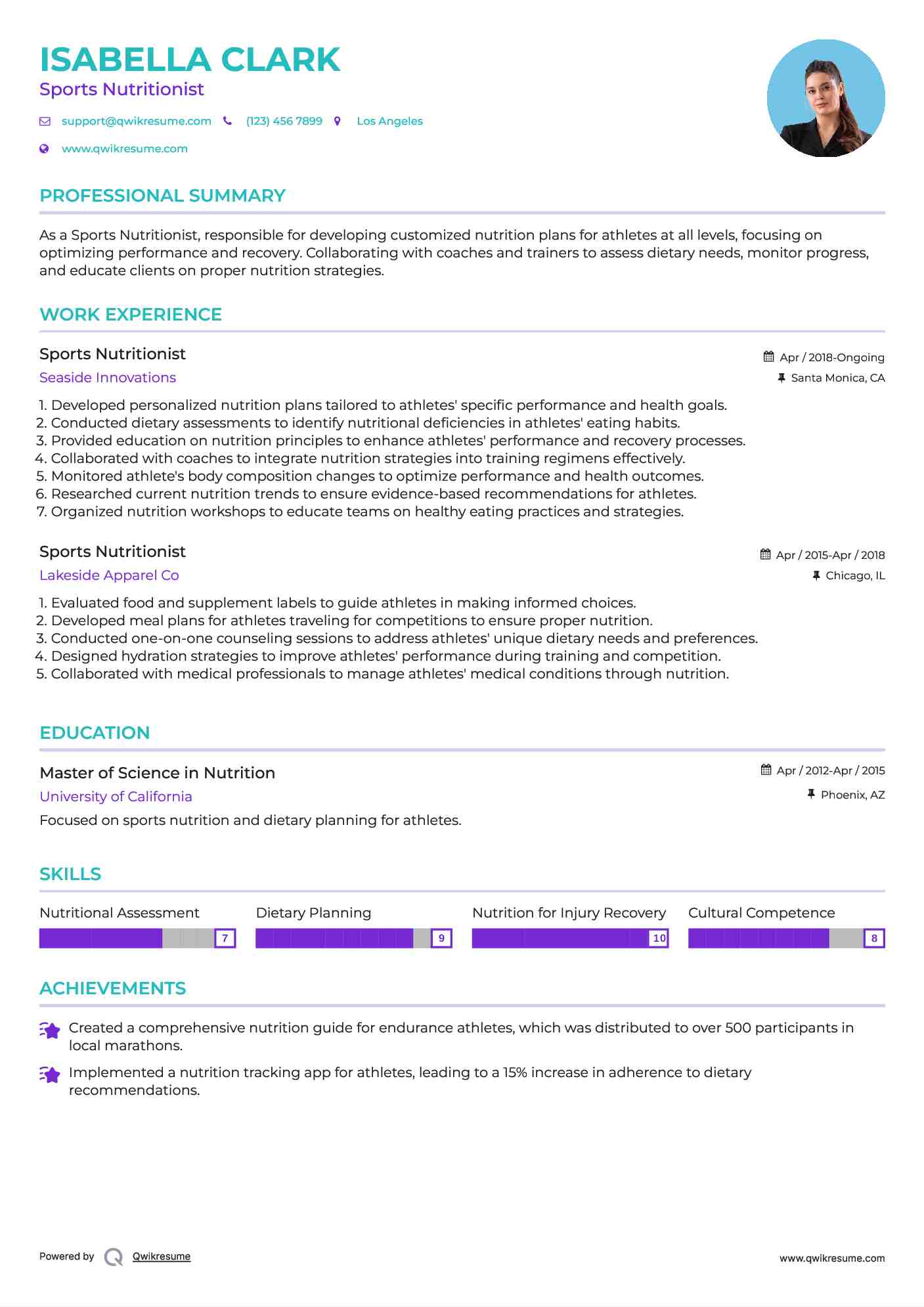 Sports Nutritionist Resume Model