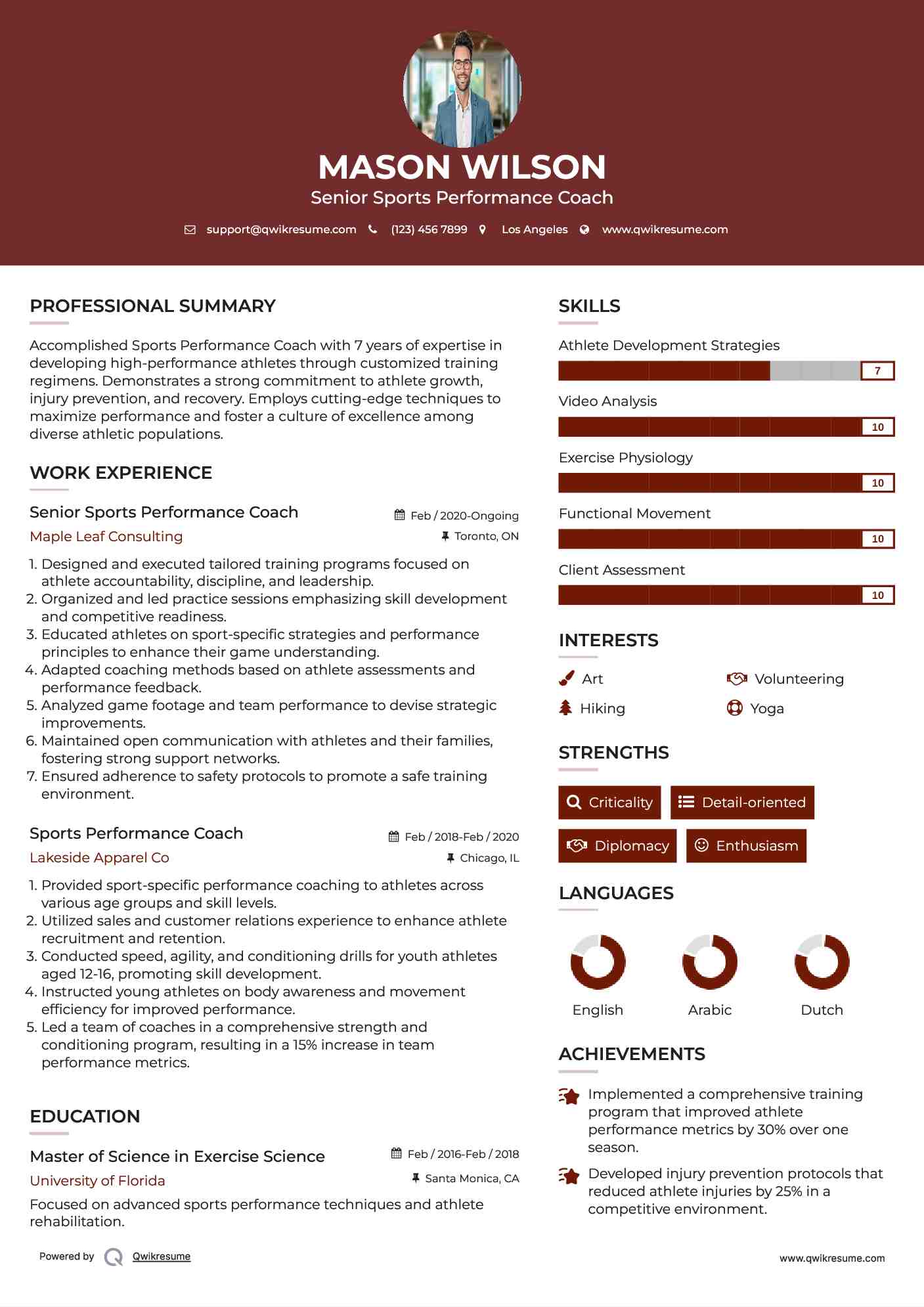 Senior Sports Performance Coach Resume Example
