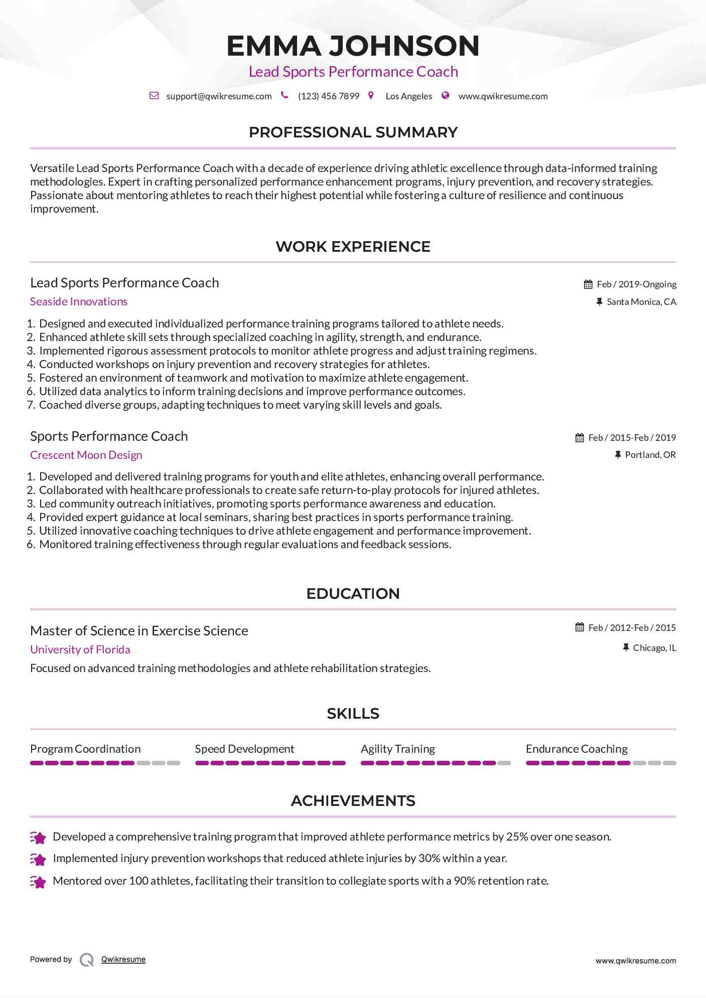 Lead Sports Performance Coach Resume Model
