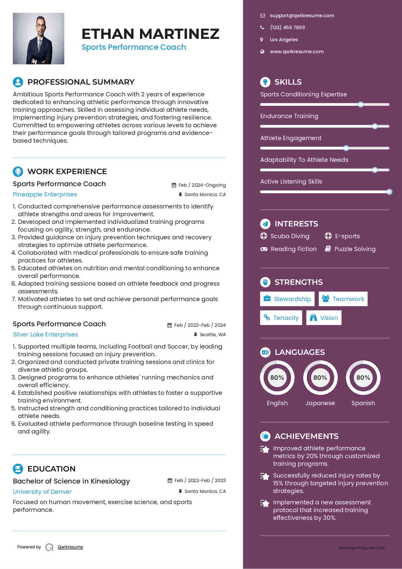 Sports Performance Coach Resume Model