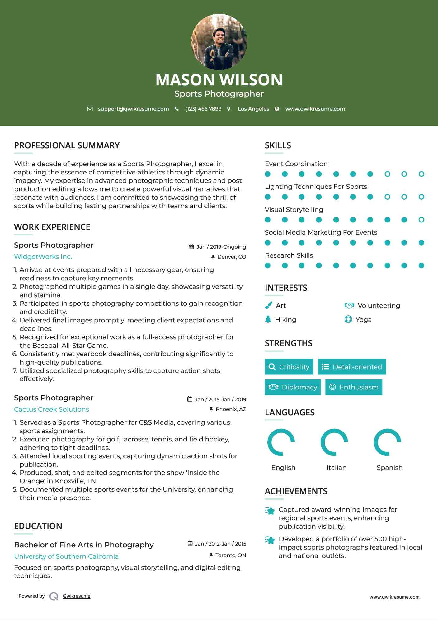 Sports Photographer Resume Sample