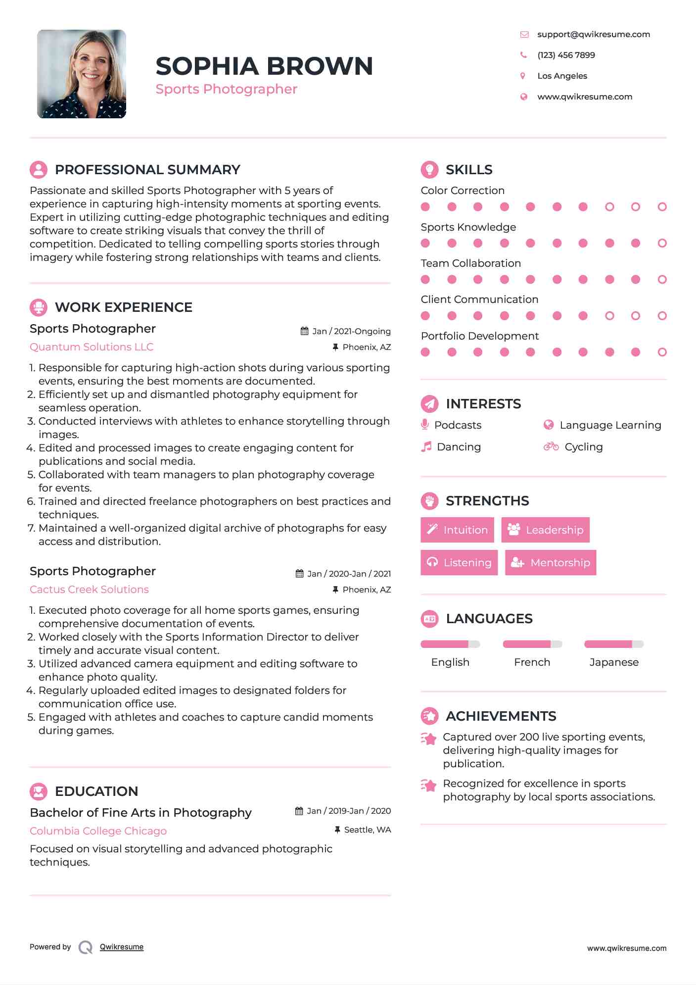 Sports Photographer Resume Example